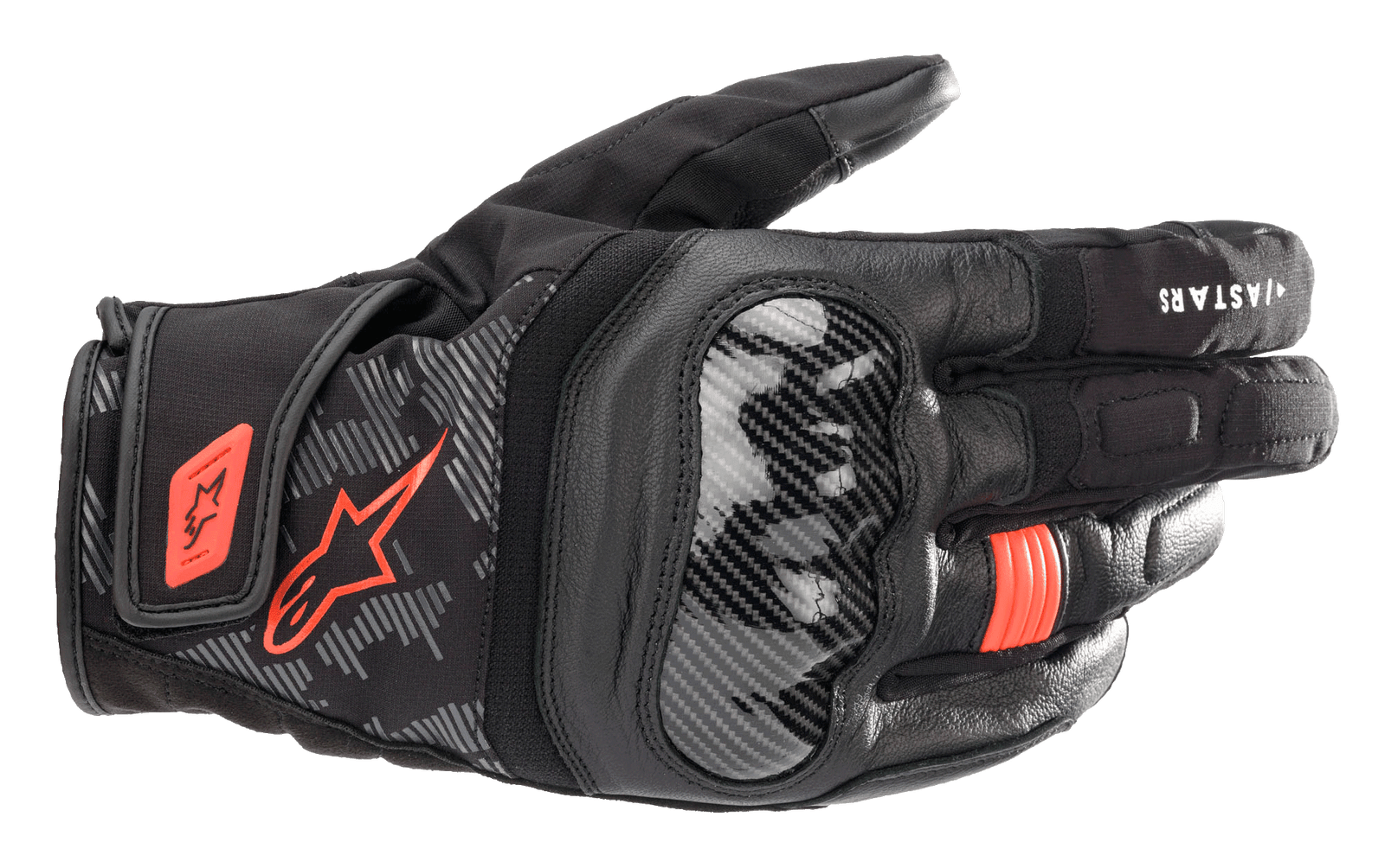 Displayed is the SMX Z Drystar® Glove by Alpinestars EU in a striking black and red fluo color combination. It features hard knuckle protectors, a Velcro wrist strap for secure fitting, and detailed stitching. This glove offers 100% waterproof protection, with extra padding on the index and middle fingers.