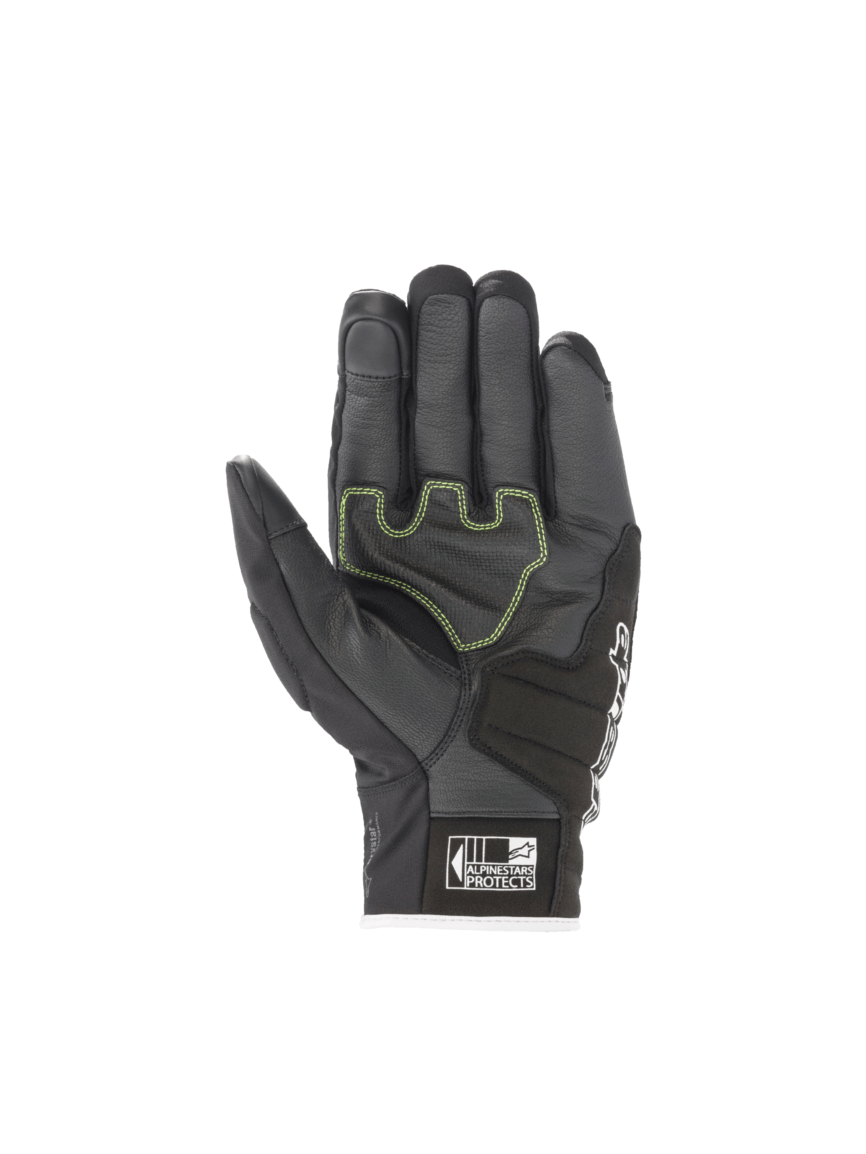 Gants Alpinestars SMX Z Drystar, gants de moto imperméables, noirs avec surpiqûres vert fluo, paume protectrice en cuir de chèvre