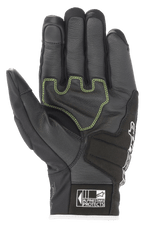 Alpinestars SMX Z Drystar® Handschuhe, Motorradhandschuhe, Schwarz Weiß Rot Fluo, Handflächenansicht mit verstärktem Leder, limettengrünen Kontrastnähten und Alpinestars Protects-Logo an der Stulpe