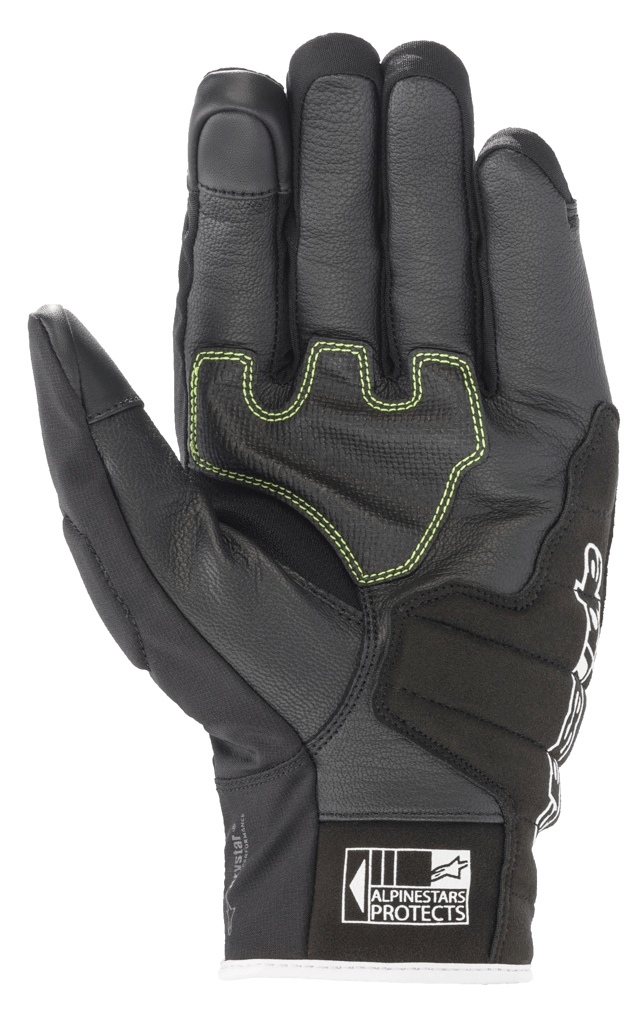 Alpinestars SMX Z Drystar® Handschuhe, Motorradhandschuhe, Schwarz Weiß Rot Fluo, Handflächenansicht mit verstärktem Leder, limettengrünen Kontrastnähten und Alpinestars Protects-Logo an der Stulpe
