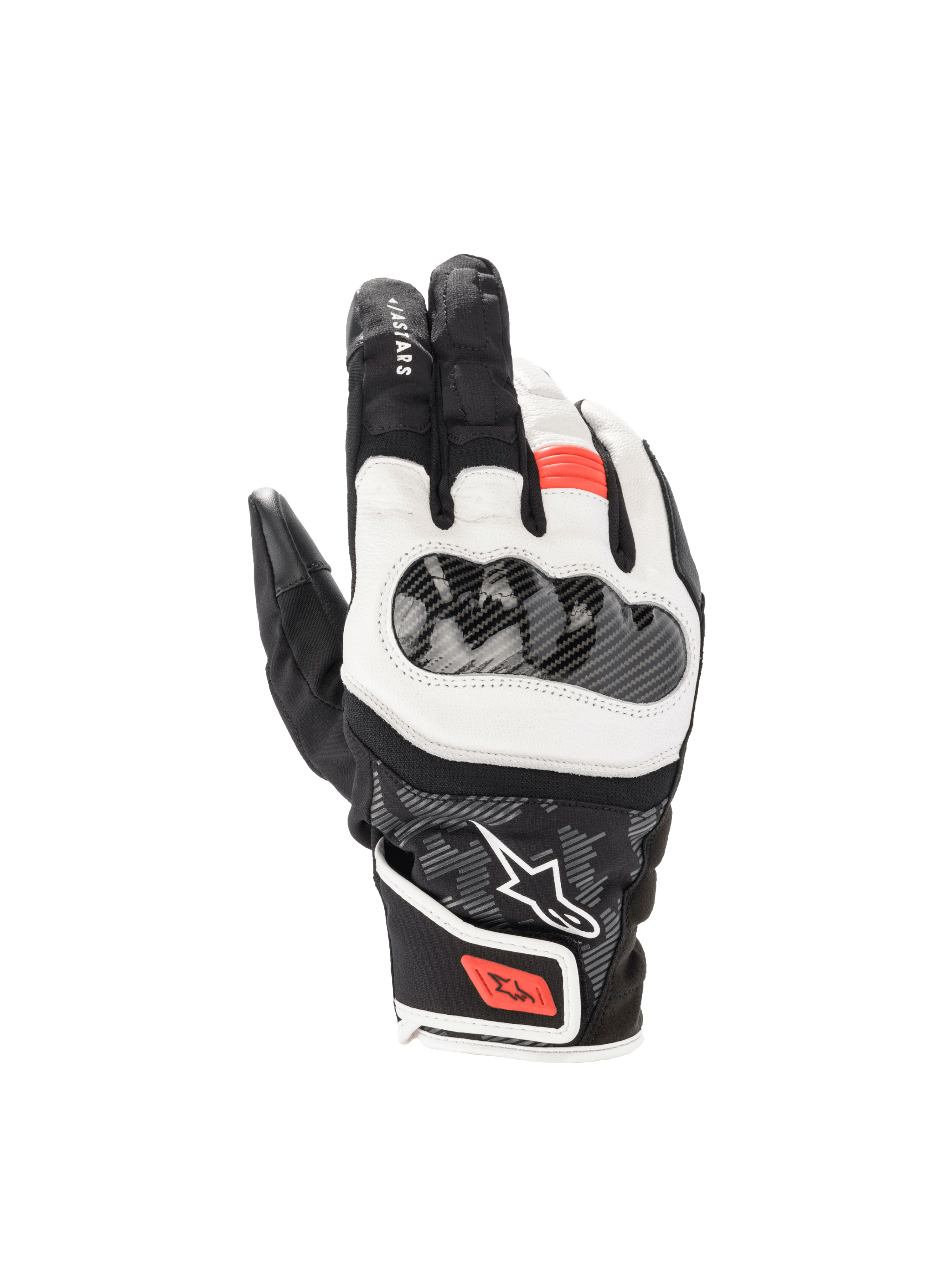Alpinestars SMX Z Drystar handschoenen, waterdichte motorhandschoenen in zwart wit en rood fluo met harde knokkelbescherming.