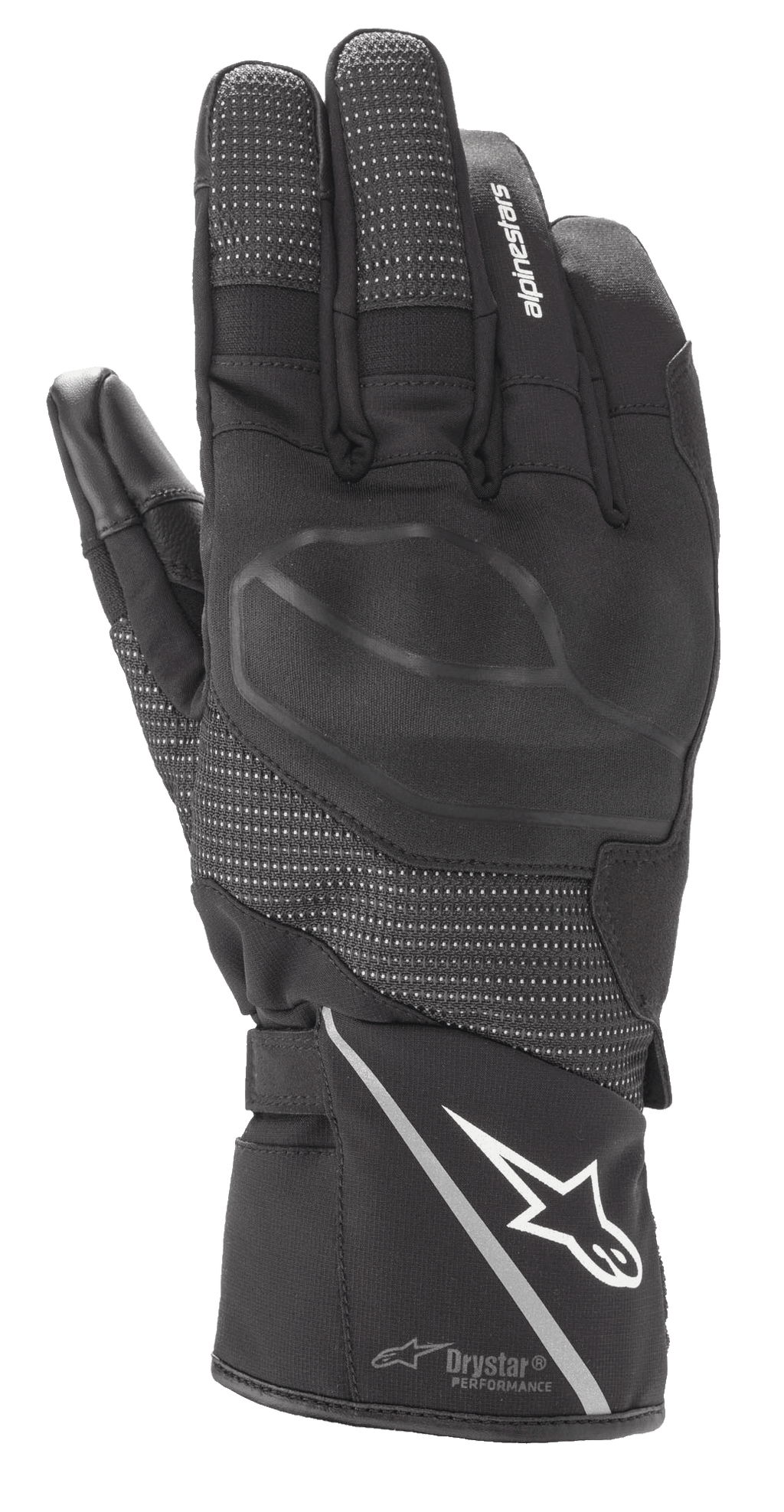 Gant Alpinestars Andes V3 Drystar, gant de moto touring noir, construction en cuir de chèvre et textile, avec protection d'articulations intégrée, logo Alpinestars blanc sur la manchette avec une bande réfléchissante, panneaux texturés sur les doigts et technologie Drystar Performance
