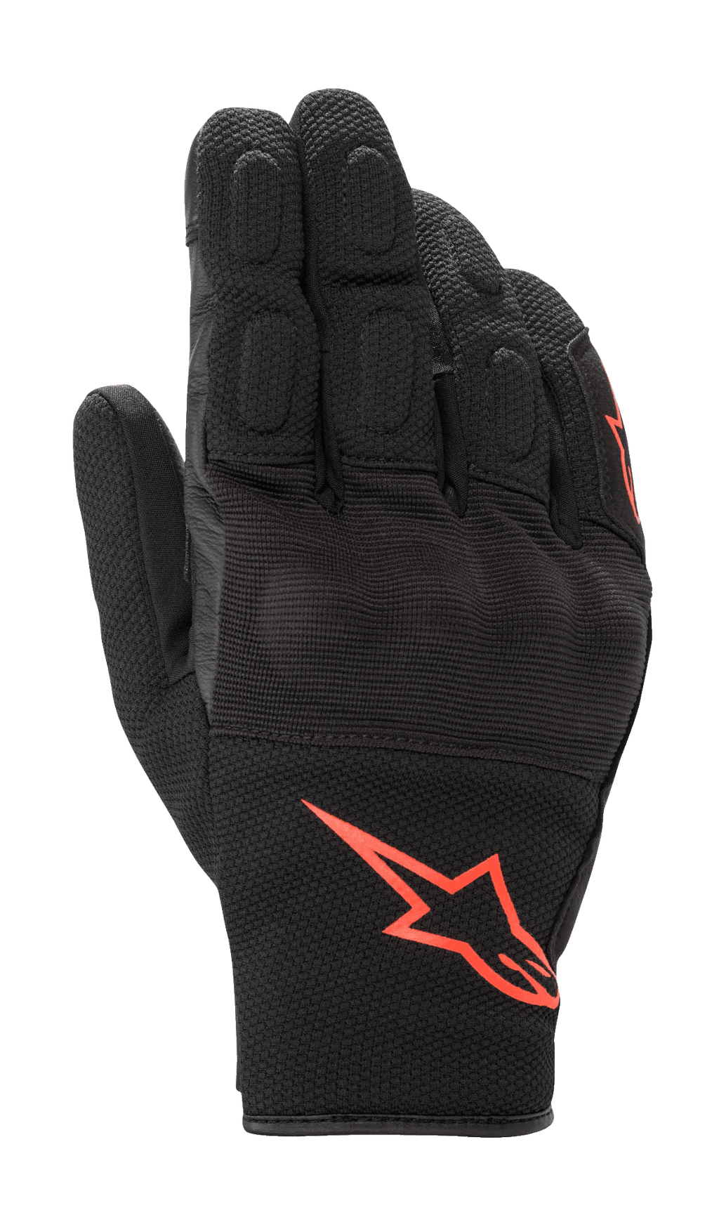 Alpinestars S-Max Drystar handschoenen, korte motorhandschoenen, zwart met rood fluorescerend logo, gemaakt van stretch mesh en leer, met bedekte harde knokkelbescherming en gewatteerde vingers