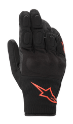 Alpinestars S-Max Drystar handschoenen, korte motorhandschoenen, zwart met rood fluorescerend logo, gemaakt van stretch mesh en leer, met bedekte harde knokkelbescherming en gewatteerde vingers