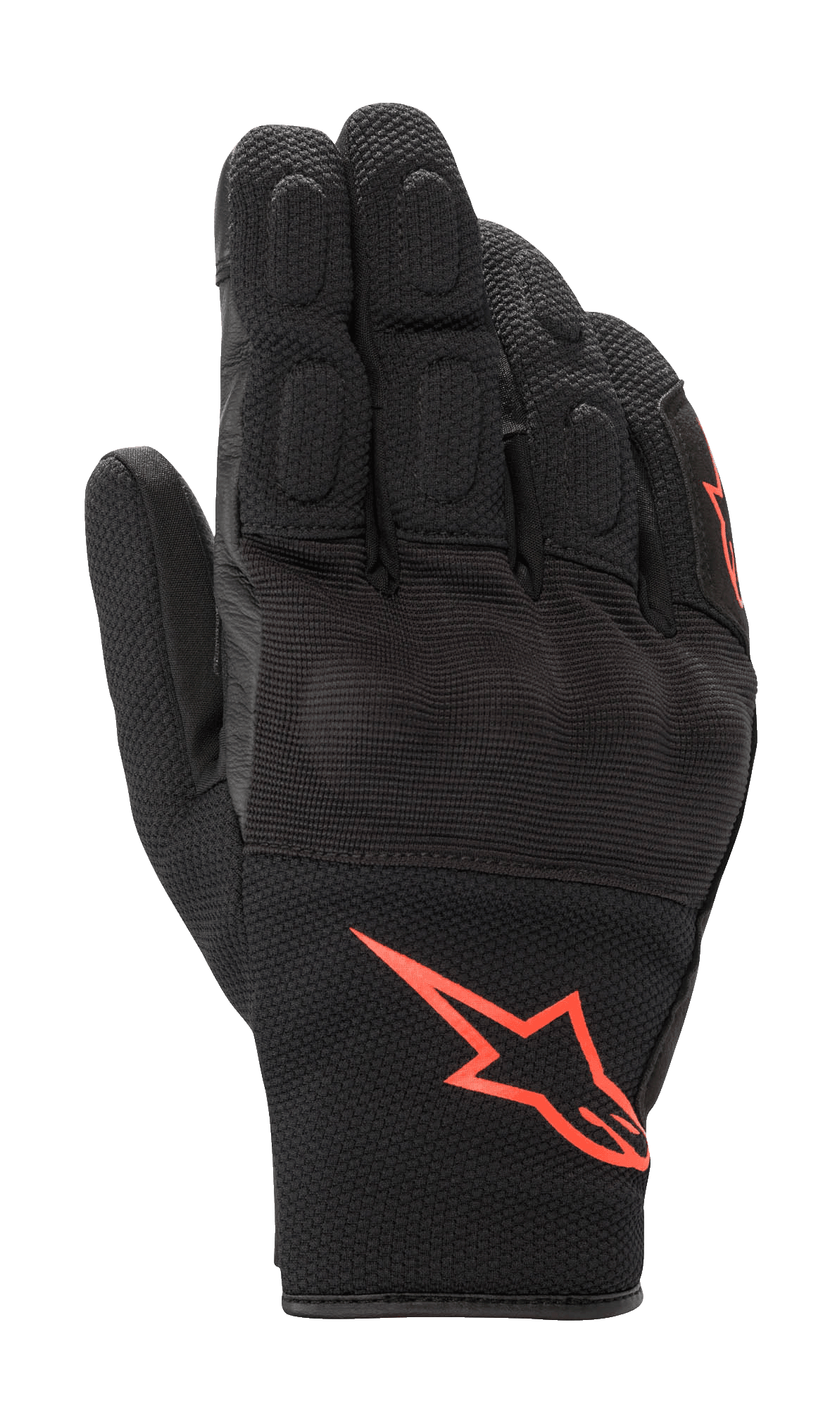 Alpinestars S-Max Drystar handschoenen, korte motorhandschoenen, zwart met rood fluorescerend logo, gemaakt van stretch mesh en leer, met bedekte harde knokkelbescherming en gewatteerde vingers