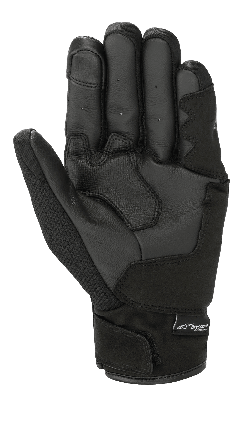 Alpinestars S-Max Drystar® Gloves, gants de moto, Noir Anthracite, vue de la paume montrant la construction en cuir renforcé, les détails perforés sur les doigts et le logo Drystar® sur la fermeture du poignet