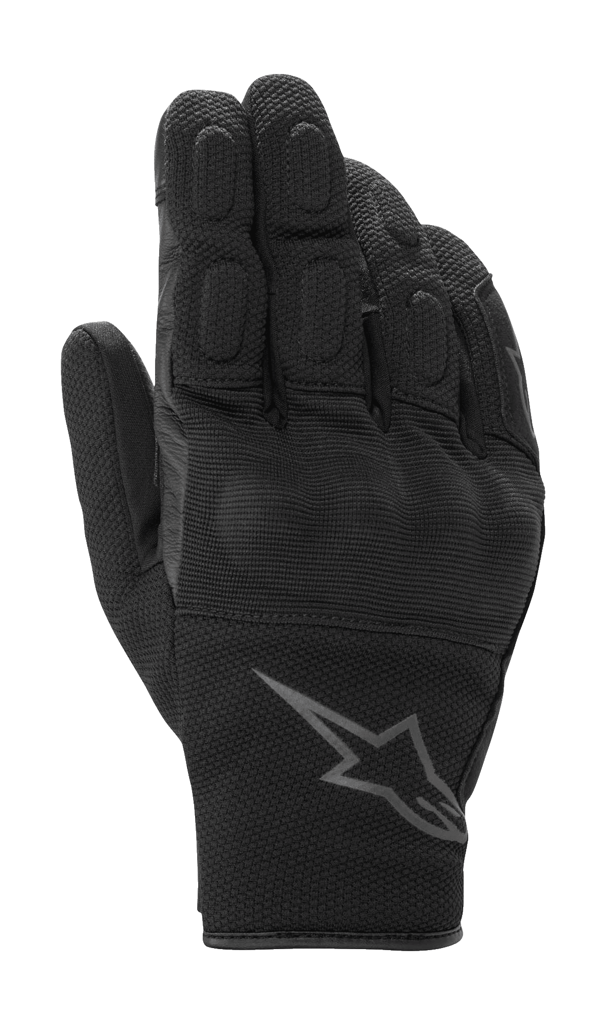 Gants Alpinestars S-Max Drystar, gants de moto sport, Noir Anthracite, avec protection rigide couverte aux articulations et doigts rembourrés, construction en maille texturée et cuir, design à manchette courte avec logo Alpinestars, imperméables et respirants pour la route