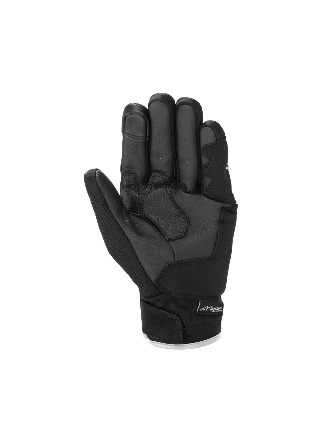 Alpinestars S-Max Drystar® handschoenen, waterdichte sportmotorhandschoenen met leren palm en kort manchet, zwart, handpalmweergave met touchscreen-compatibele vingertop.
