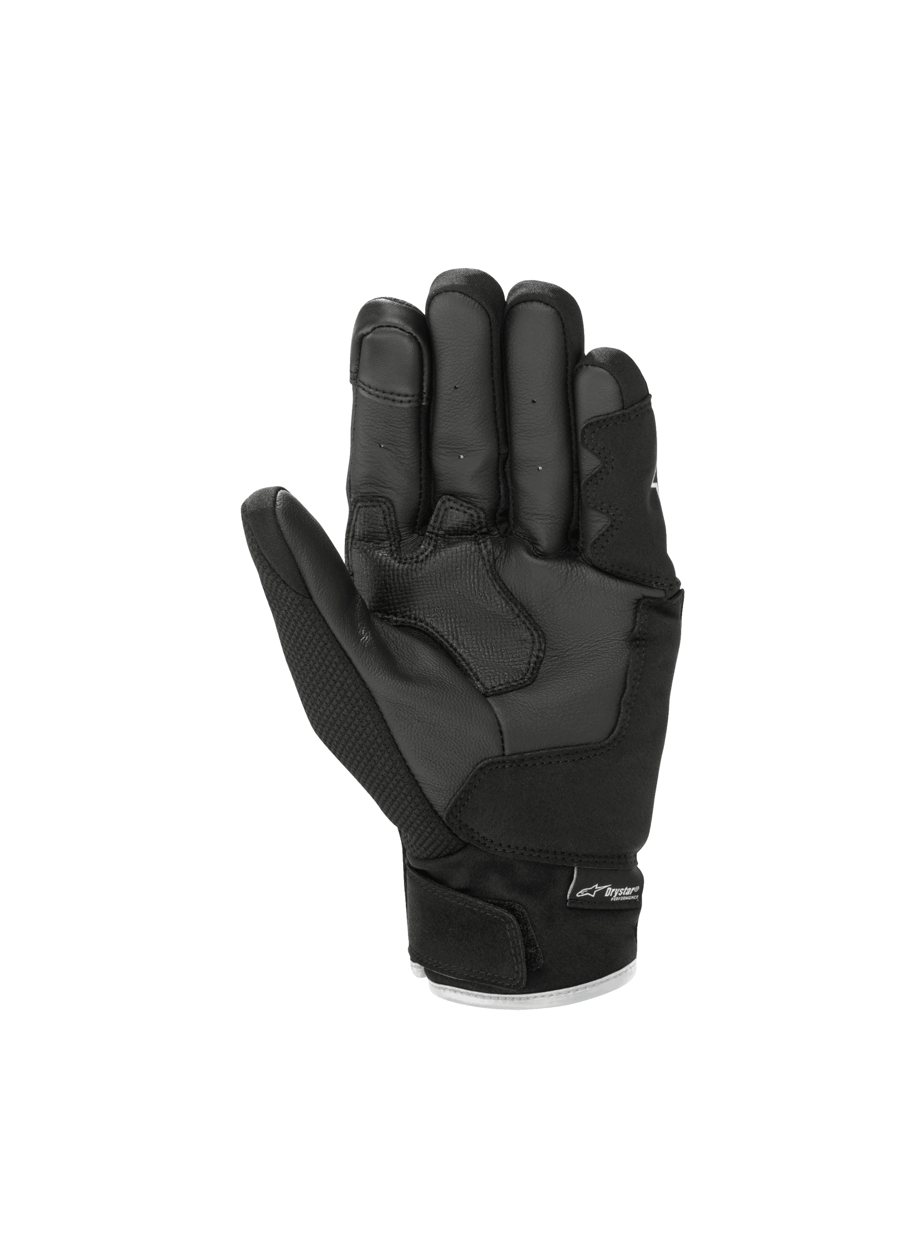 Alpinestars S-Max Drystar® handschoenen, waterdichte sportmotorhandschoenen met leren palm en kort manchet, zwart, handpalmweergave met touchscreen-compatibele vingertop.