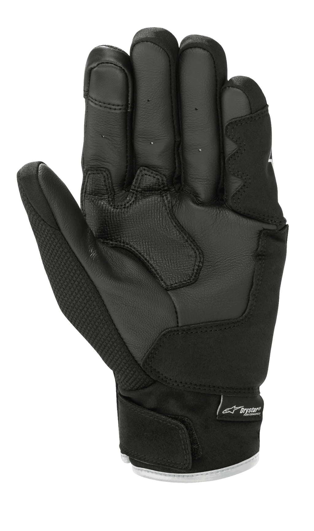 Alpinestars S-Max Drystar® Handschuhe, Motorradhandschuhe, Schwarz und Weiß, Handflächenansicht mit Lederkonstruktion und verstärkter Polsterung, kurze Manschette mit Klettverschluss und Drystar®-Branding