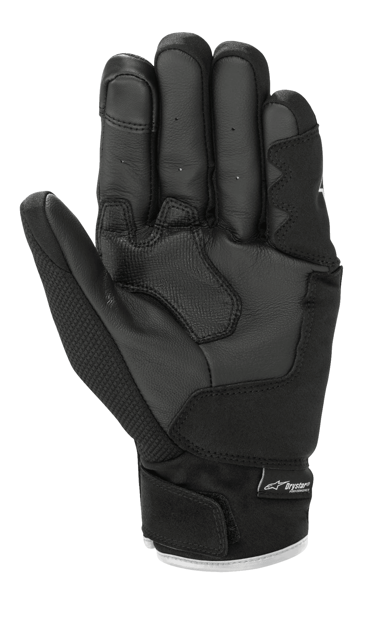 Alpinestars S-Max Drystar® Handschuhe, Motorradhandschuhe, Schwarz und Weiß, Handflächenansicht mit Lederkonstruktion und verstärkter Polsterung, kurze Manschette mit Klettverschluss und Drystar®-Branding