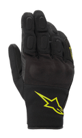 Alpinestars S-Max Drystar Gloves, Motorcycle Sport Gloves, Black with Fluorescent Yellow Logo, short cuff design featuring covered hard knuckle protection and stretch mesh panels, waterproof and breathable construction for road riding