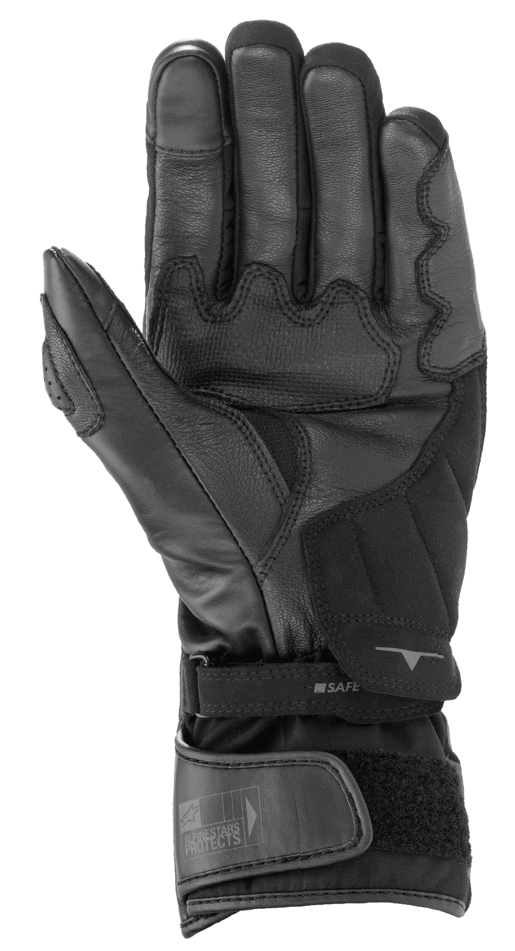 Gants Alpinestars SP-365 Drystar®, noir et gris anthracite, vue de la paume montrant la construction en cuir renforcé et suède synthétique, gants de moto imperméables haute performance avec fermeture réglable au poignet