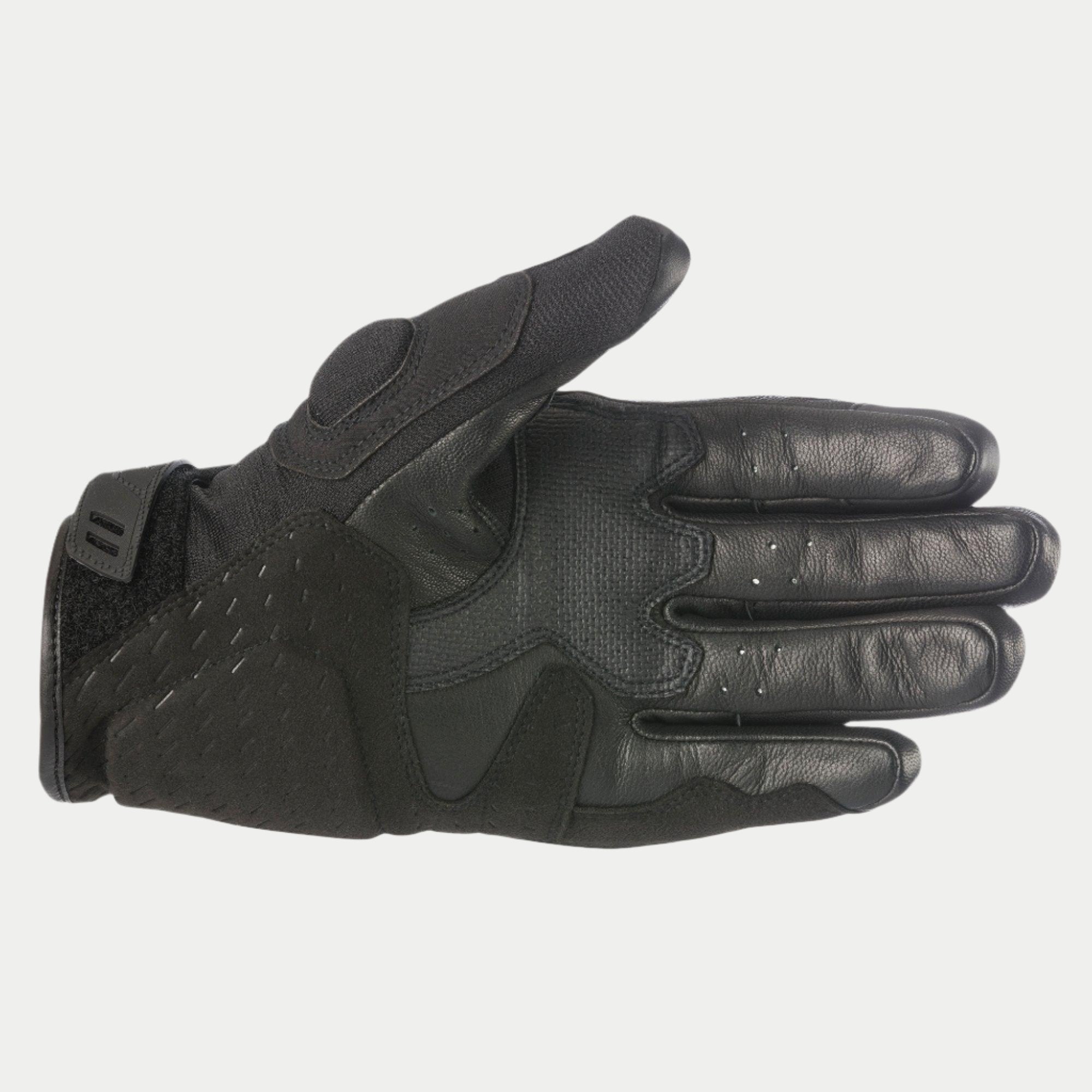 Alpinestars C-30 Drystar® handschoenen, zwart, zicht op de handpalm met synthetische suède versterkingen met schuimvulling, PU-gecoate gripvlakken op de duim en handpalm, en verstelbare klittenband polssluiting, waterdichte motorhandschoenen