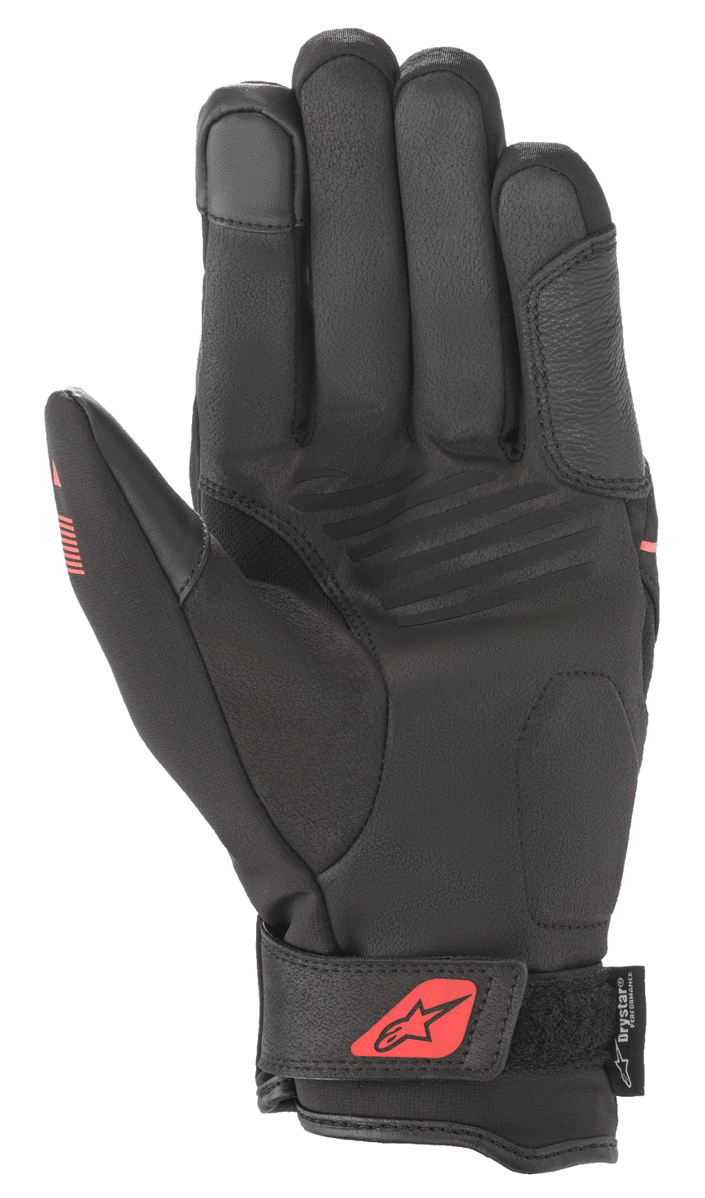 Alpinestars Syncro V2 Drystar® handschoenen, zwart en fluo rood, palmzicht met constructie van synthetisch suède, gewatteerde handpalm voor bescherming, verstelbare polsband met rood logo en Drystar®-branding