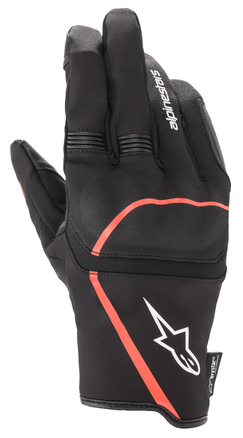 Alpinestars Syncro V2 Drystar motorhandschoenen, urban motorhandschoenen, zwart met fluo rode accenten, flexibele knokkelbescherming, wit Alpinestars logo op de manchet, accordeon stretchpanelen op de vingers, waterdicht en ademend ontwerp