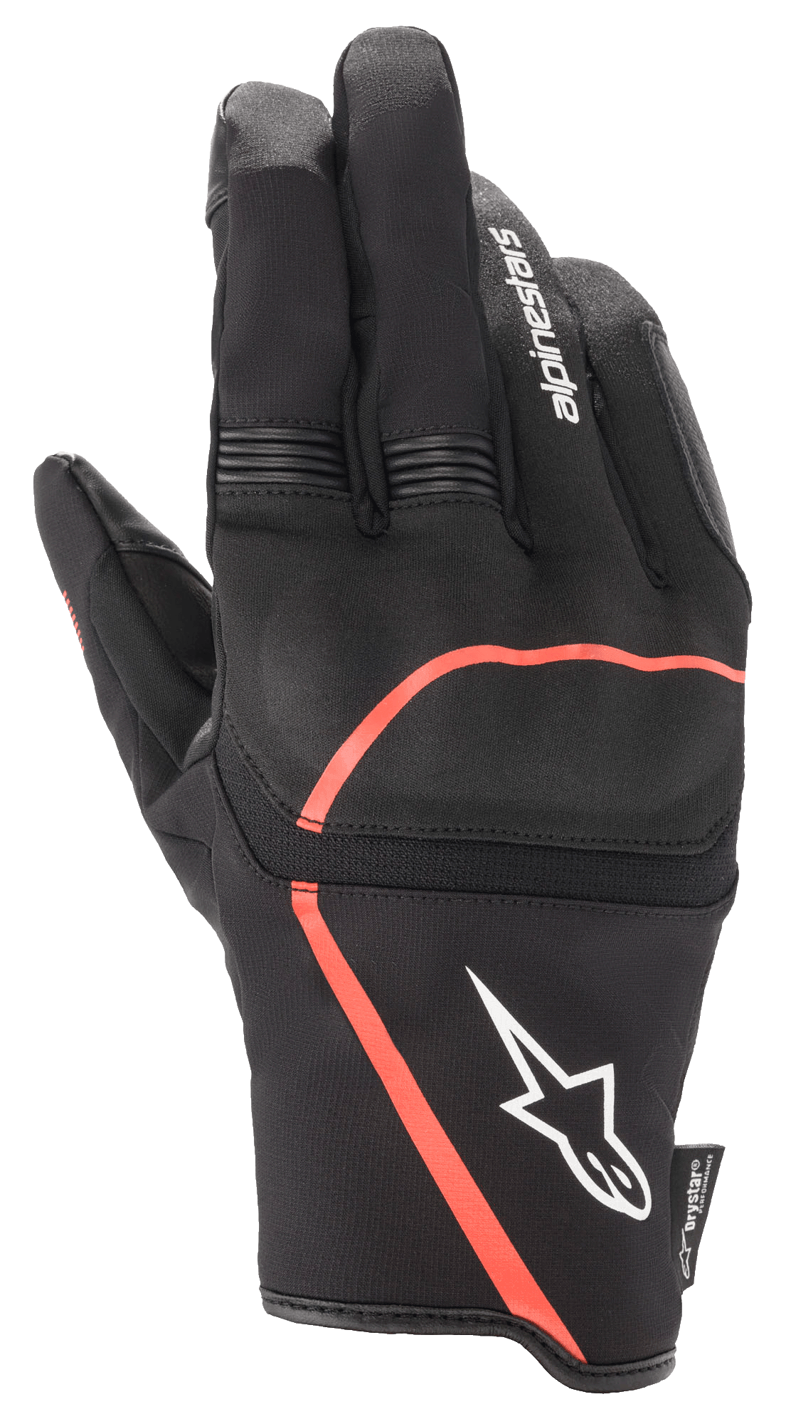 Alpinestars Syncro V2 Drystar motorhandschoenen, urban motorhandschoenen, zwart met fluo rode accenten, flexibele knokkelbescherming, wit Alpinestars logo op de manchet, accordeon stretchpanelen op de vingers, waterdicht en ademend ontwerp