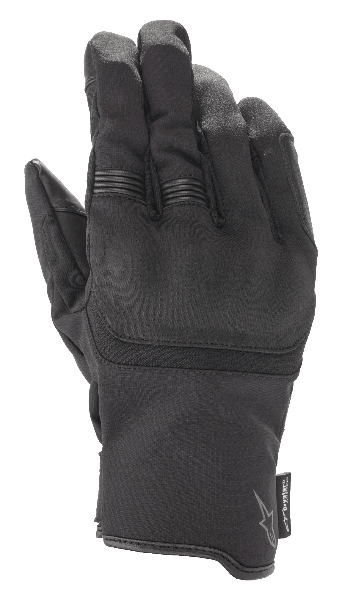 Gants Alpinestars Syncro V2 Drystar®, gants de moto noirs, avec protection intégrée des articulations et nervures extensibles sur les doigts, construction en daim synthétique et textile, équipement urbain imperméable avec logo Alpinestars et étiquette Drystar