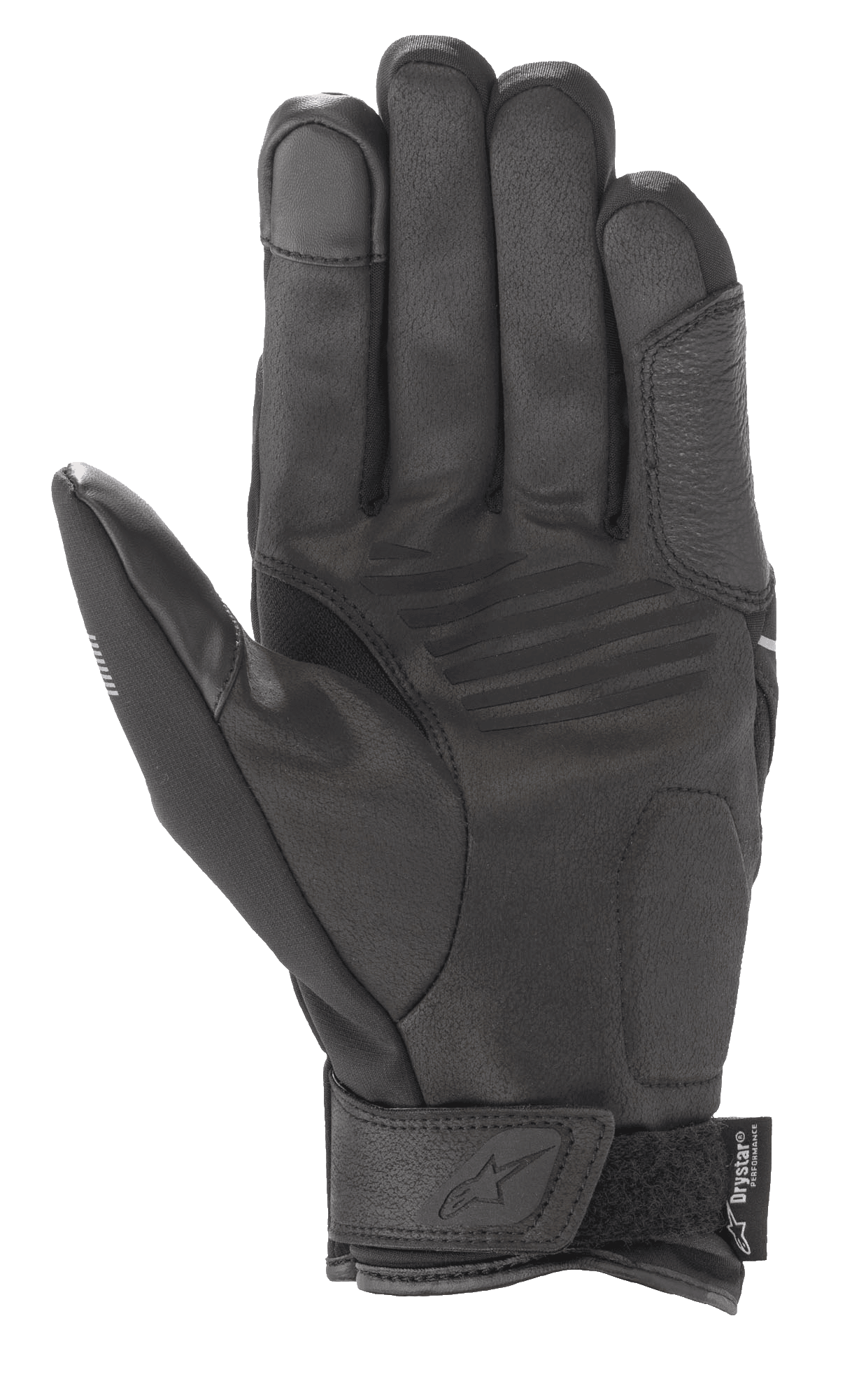 Gants Alpinestars Syncro V2 Drystar®, gants de moto urbains, noir et gris moyen, vue de la paume avec construction en daim synthétique, renforts rembourrés, bout du doigt compatible avec les écrans tactiles et sangle velcro au poignet avec logo Alpinestars