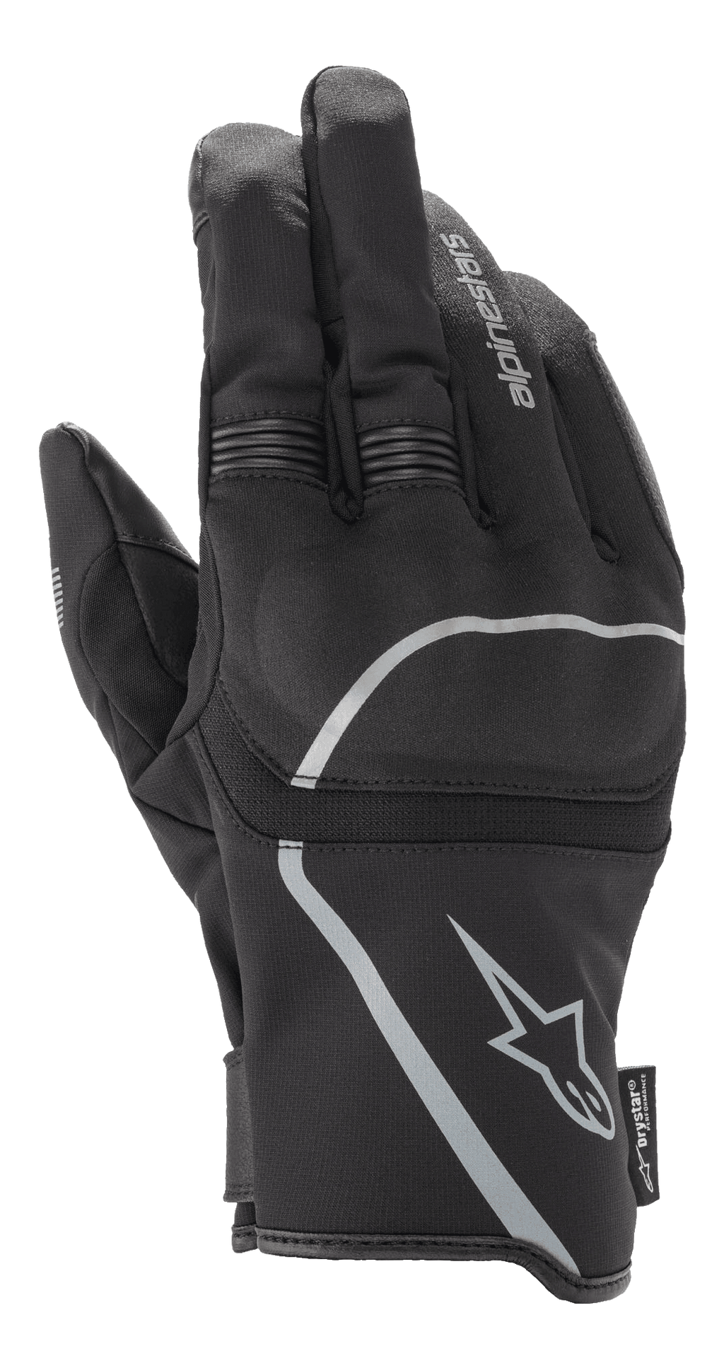 Gants Alpinestars Syncro V2 Drystar®, gants de moto urbains, noir et gris moyen, vue arrière mettant en évidence la construction textile et la protection viscoélastique des articulations, conception imperméable et respirante avec accents réfléchissants.