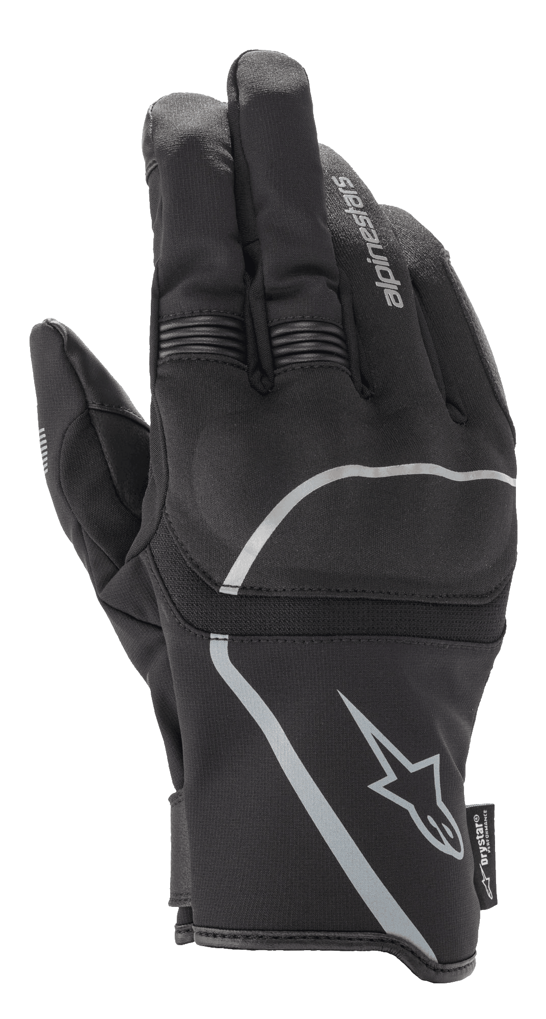 Gants Alpinestars Syncro V2 Drystar®, gants de moto urbains, noir et gris moyen, vue arrière mettant en évidence la construction textile et la protection viscoélastique des articulations, conception imperméable et respirante avec accents réfléchissants.