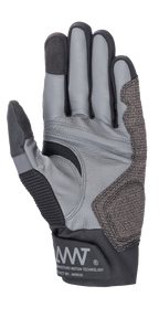Alpinestars AMT-10 Air HDry® handschoenen, zwart en grijs, palmweergave met geitenleren constructie, ergonomisch grippatroon en technische stretch-inzetten, voorzien van AMT-branding op de manchet