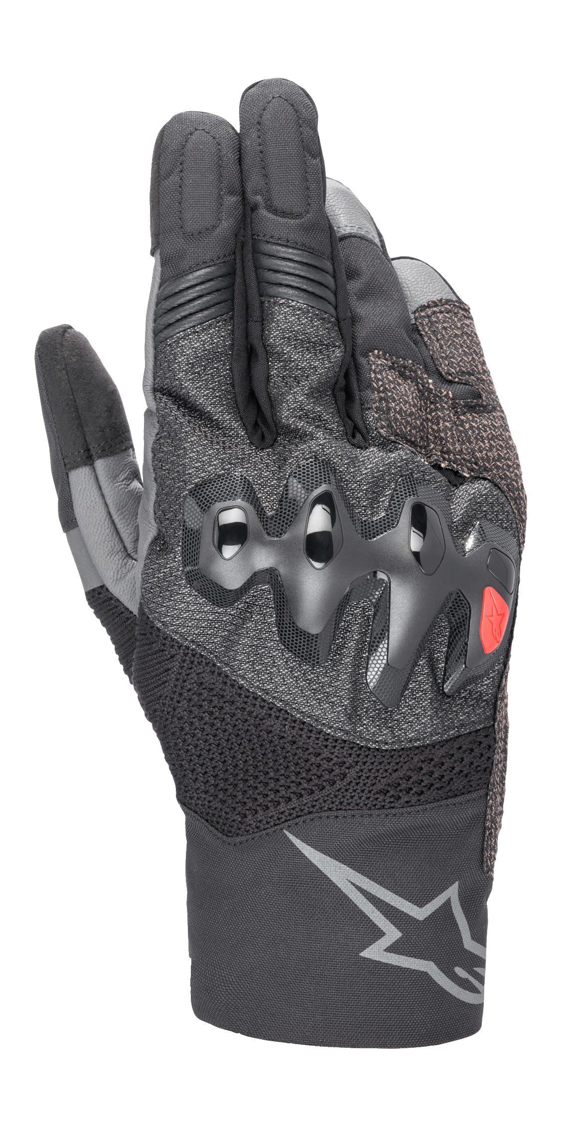 Alpinestars AMT-10 Air HDry Handschuhe, Motorradhandschuhe, Schwarz und Dunkelgrau, mit einem wellenförmigen überspritzten Knöchelschutz mit kleinem rotem Logo, MATRYX- und RIDEKNIT-Einsätzen zur Belüftung und einem großen grauen Stern-Logo am Bund