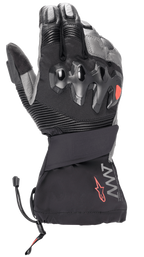 Gants d'hiver Alpinestars AMT-10 Drystar® XF, noir et gris foncé, gants de moto d'hiver à manchette longue, avec protection des articulations rigide injectée, empiècements extensibles en accordéon sur les doigts, marquage AMT avec logo étoile rouge et cordon de serrage au poignet