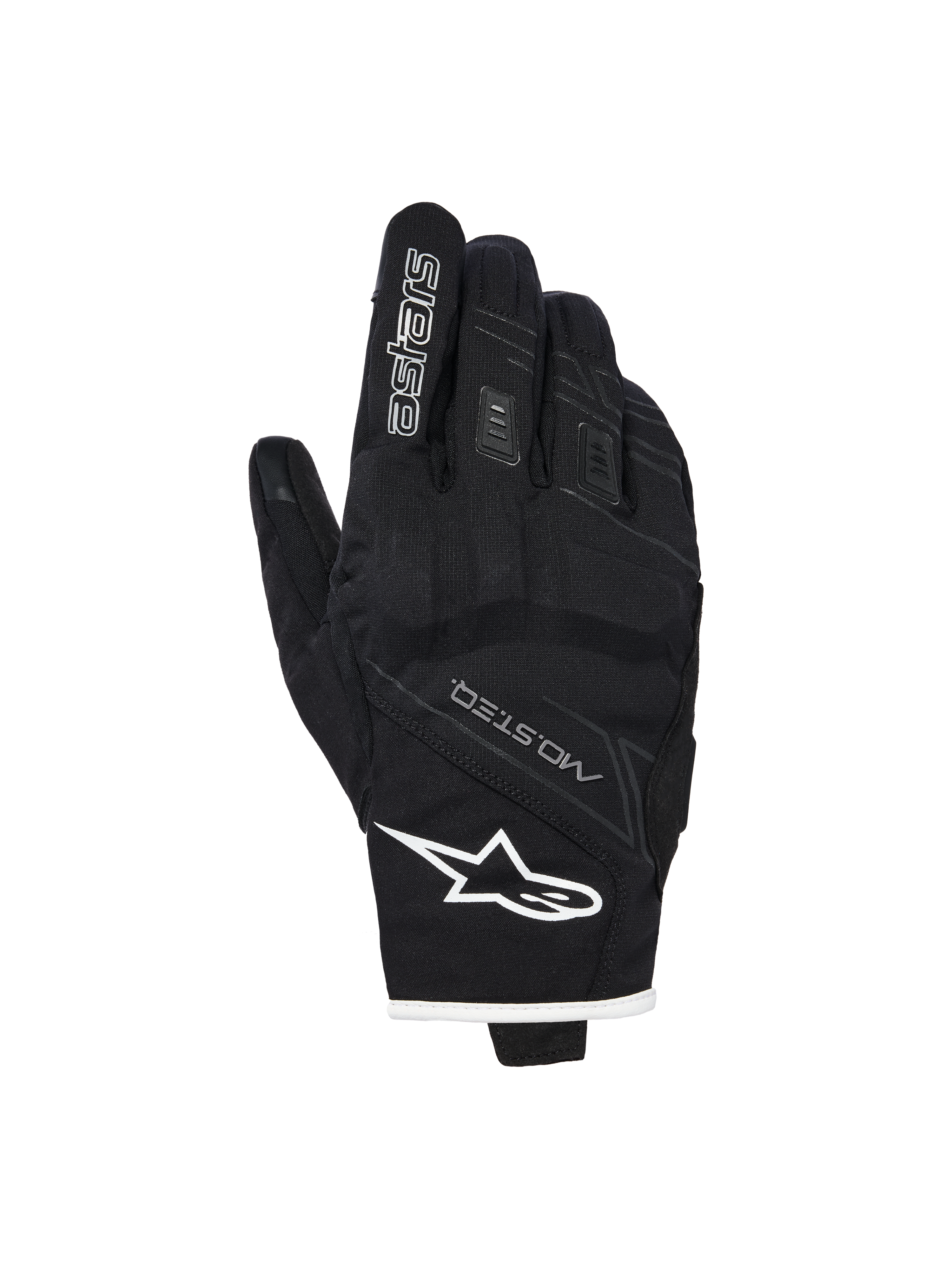 Gants imperméables Alpinestars Stella Moblast, gants de moto pour femme, noirs avec liseré blanc, vue du dos de la main montrant le logo Alpinestars, le marquage MO.ST.EQ. et une protection souple des articulations.