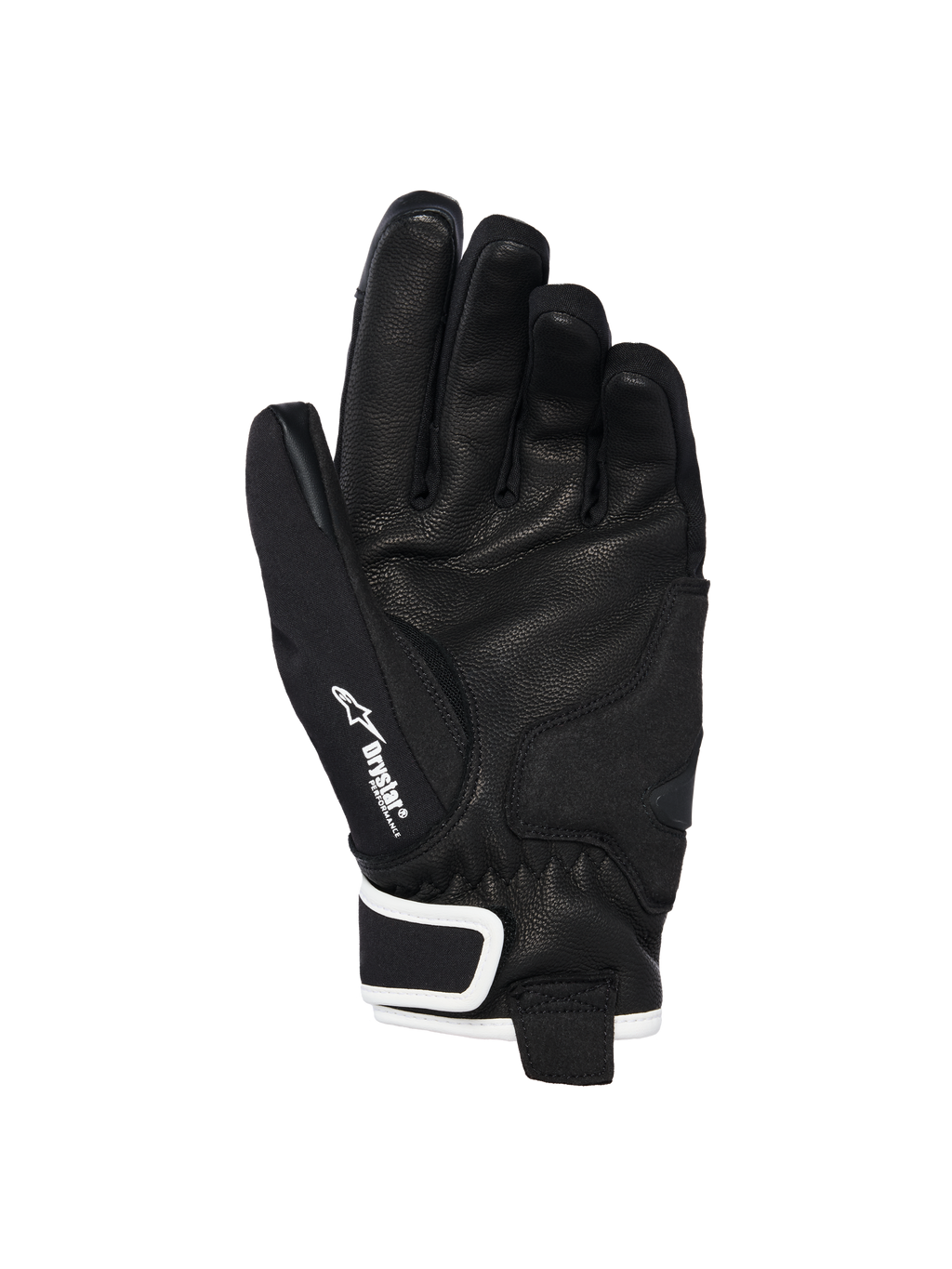 Gants Alpinestars Stella Moblast Waterproof, vue de la paume, cuir de chèvre noir avec grip texturé, accents blancs et marquage Drystar, conception à manchette courte pour la conduite moto urbaine
