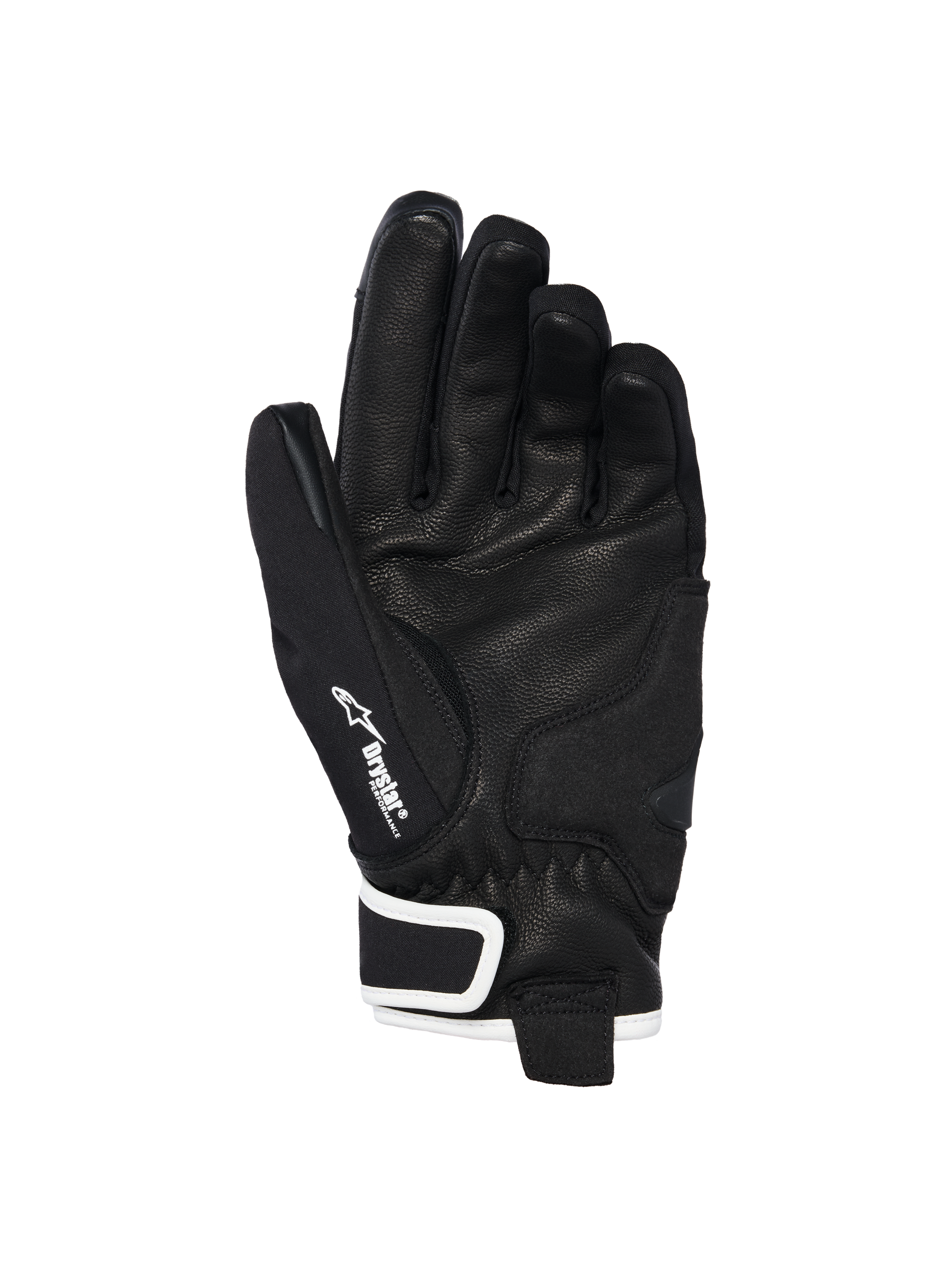 Gants Alpinestars Stella Moblast Waterproof, vue de la paume, cuir de chèvre noir avec grip texturé, accents blancs et marquage Drystar, conception à manchette courte pour la conduite moto urbaine