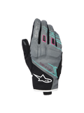 Gants Alpinestars Stella Moblast Waterproof, gants de moto pour femme, gris et noirs avec accents roses et turquoise, design à manchette courte avec marquage MO.ST.EQ., construction textile avec rembourrage de protection aux articulations et logo Alpinestars blanc