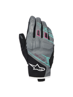 Gants Alpinestars Stella Moblast Waterproof, gants de moto pour femme, gris et noirs avec accents roses et turquoise, design à manchette courte avec marquage MO.ST.EQ., construction textile avec rembourrage de protection aux articulations et logo Alpinestars blanc