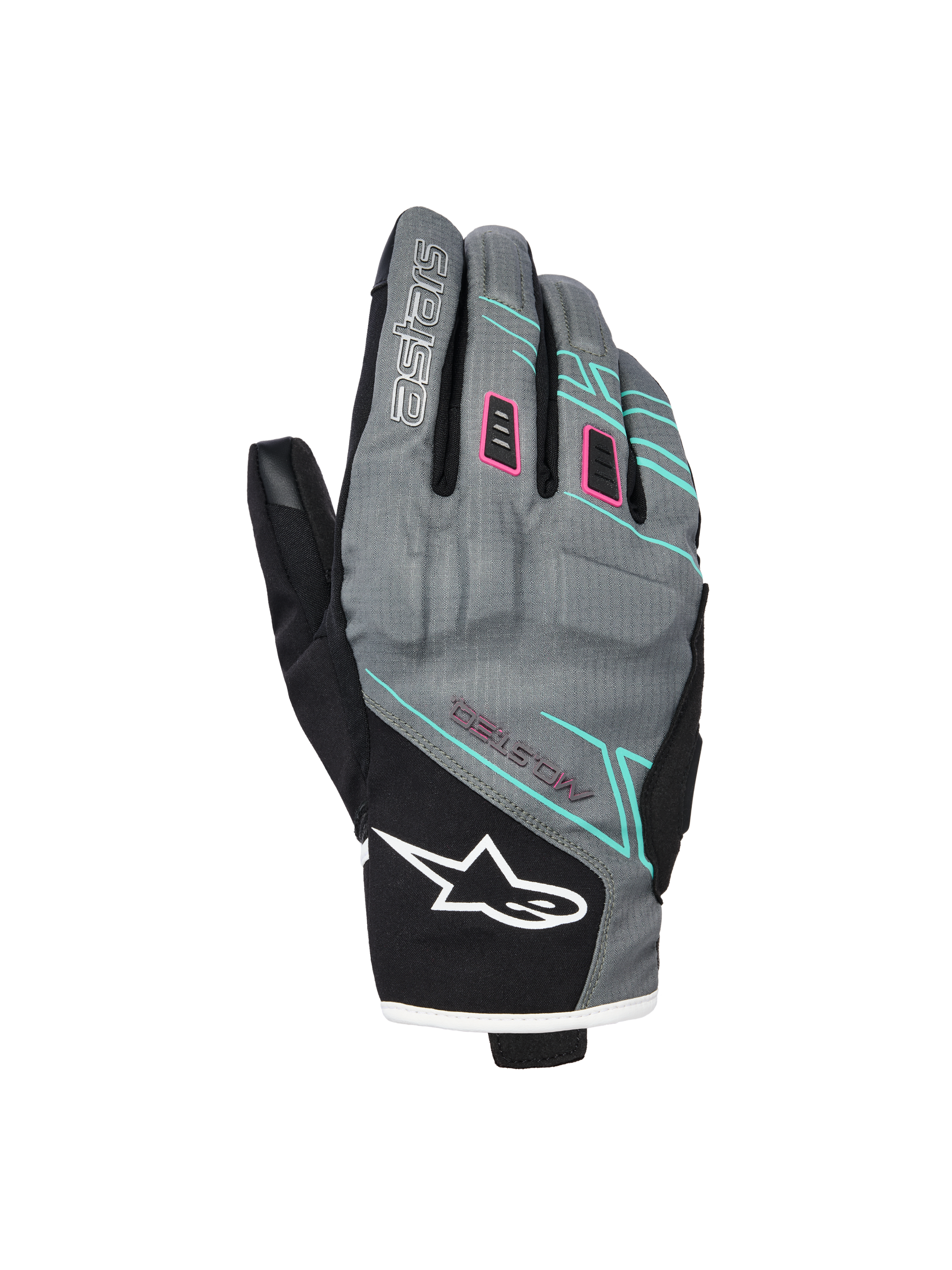Gants Alpinestars Stella Moblast Waterproof, gants de moto pour femme, gris et noirs avec accents roses et turquoise, design à manchette courte avec marquage MO.ST.EQ., construction textile avec rembourrage de protection aux articulations et logo Alpinestars blanc