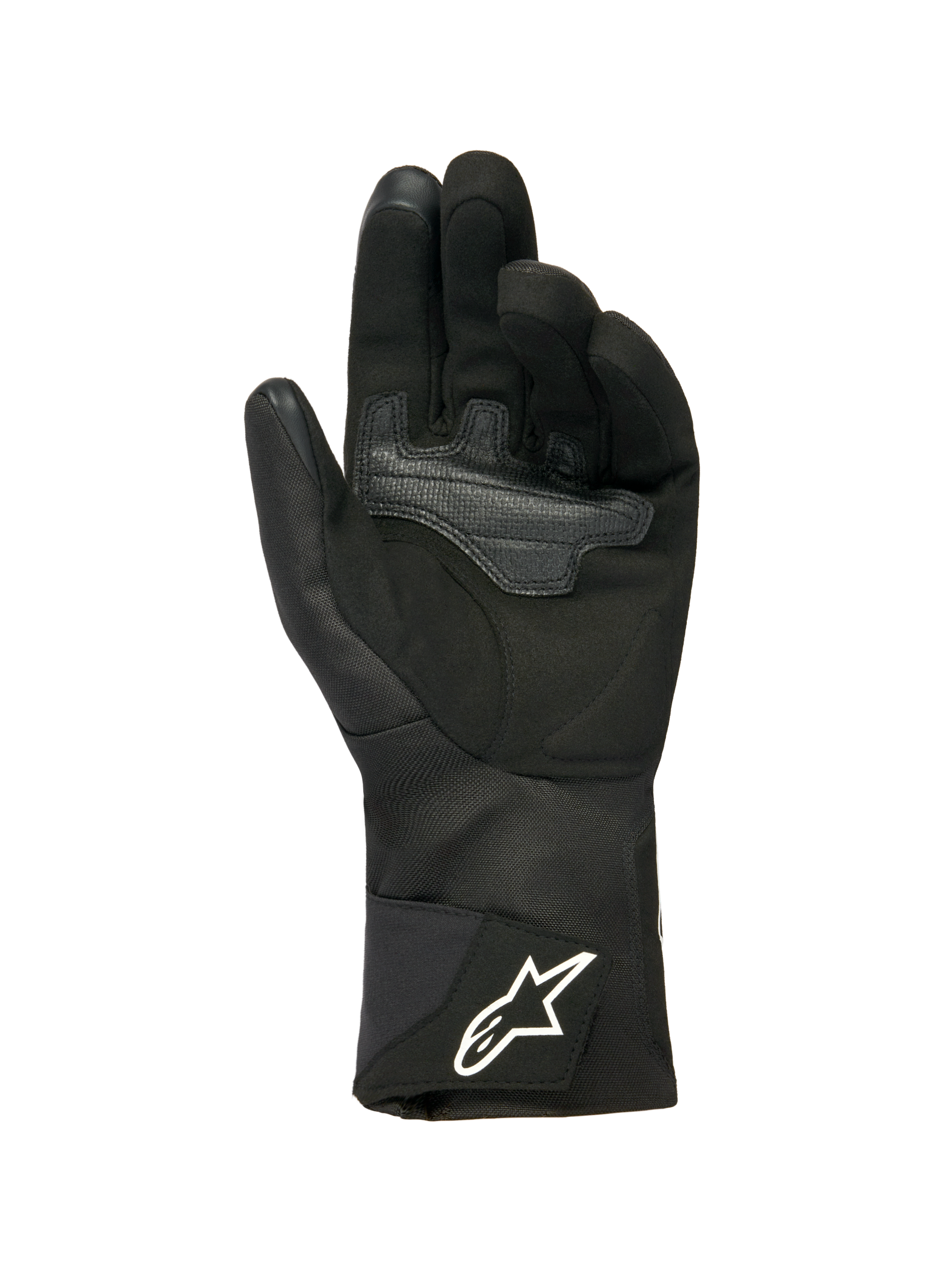 Gants Femme Alpinestars Stella WT-1 Drystar® Thermiques, Noir, vue de la paume en daim doux avec renfort pour l'adhérence, manchette longue en textile avec logo Alpinestars blanc sur la sangle, bouts de doigts compatibles avec les écrans tactiles, équipement moto technique pour l'hiver