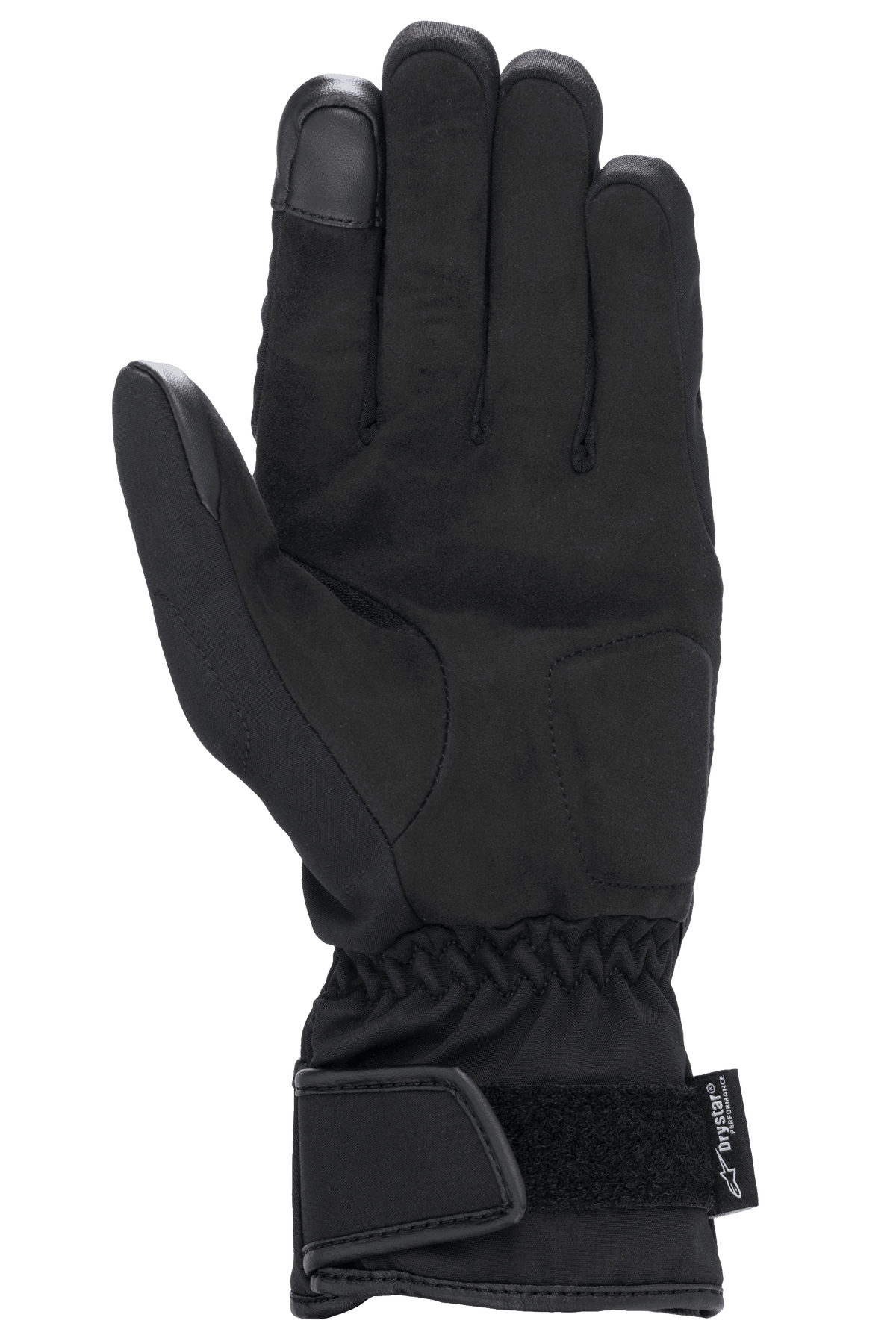 Alpinestars Stella SR-3 V2 Drystar® handschoenen voor dames, zwart, zijaanzicht van de handpalm met synthetisch lederen versterkingen, touchscreen-compatibele wijsvingertop, elastische pols en manchet met verstelbare klittenbandsluiting en Drystar-branding.