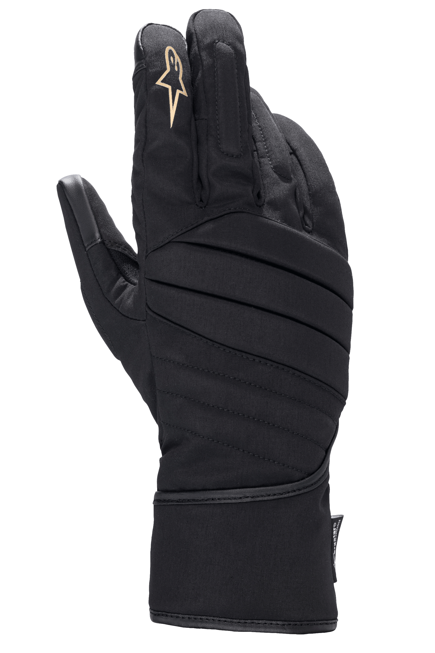 Alpinestars Stella SR-3 V2 Drystar motorhandschoenen, dames motorhandschoenen, zwart, bovenaanzicht met diagonaal gewatteerde stiksels, wit sterlogo op de wijsvinger, lange gauntlet-manchet voor bescherming in alle weersomstandigheden.