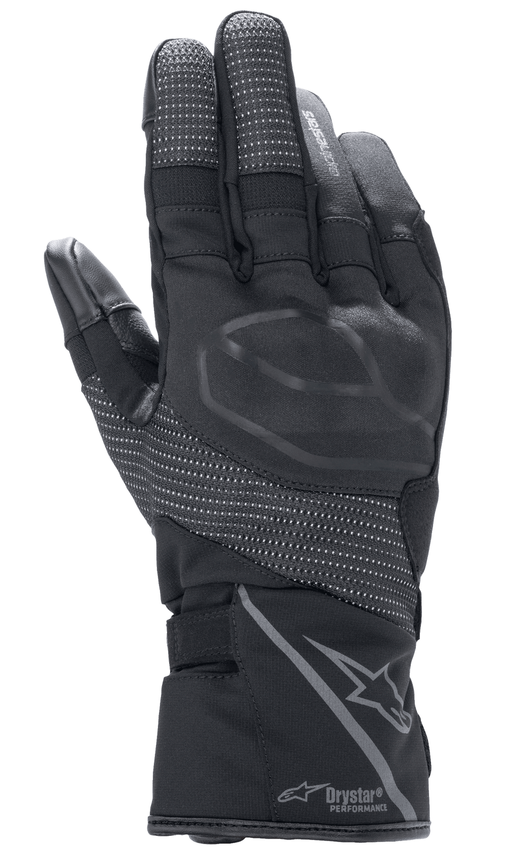 Alpinestars Stella Andes V3 Drystar dames motorhandschoenen, zwart antraciet, aanzicht van de handrug met geïntegreerde knokkelbescherming, reflecterende ripstop-panelen, Alpinestars-logo en Drystar Performance-branding op de manchet, adventure touring motoruitrusting