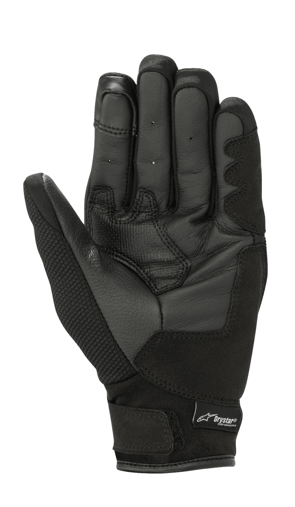 Gants femme Alpinestars Stella S-Max Drystar, noir, vue de la paume montrant les renforts d'adhérence en cuir, tissu en maille extensible, sangle à crochet et boucle et marquage Drystar, équipement de moto de sport imperméable