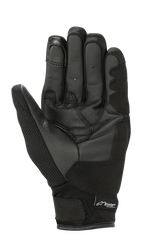 Gants femme Alpinestars Stella S-Max Drystar, noir, vue de la paume montrant les renforts d'adhérence en cuir, tissu en maille extensible, sangle à crochet et boucle et marquage Drystar, équipement de moto de sport imperméable