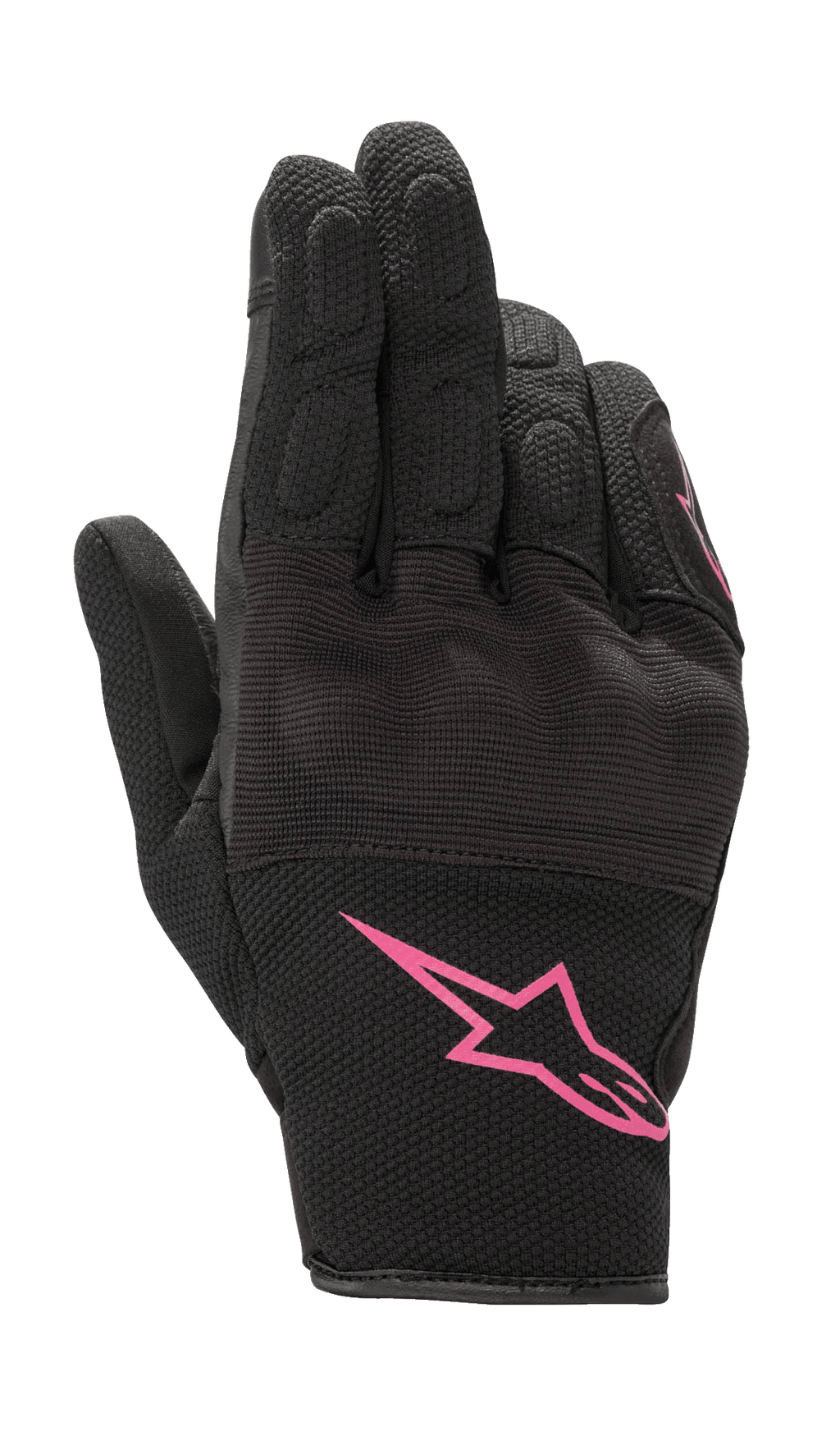 Gants femme Alpinestars Stella S-Max, gants de moto, noir et fuchsia, avec logo Alpinestars rose sur la manchette, design à manchette courte avec maille texturée et protection intégrée des articulations
