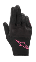 Gants femme Alpinestars Stella S-Max, gants de moto, noir et fuchsia, avec logo Alpinestars rose sur la manchette, design à manchette courte avec maille texturée et protection intégrée des articulations