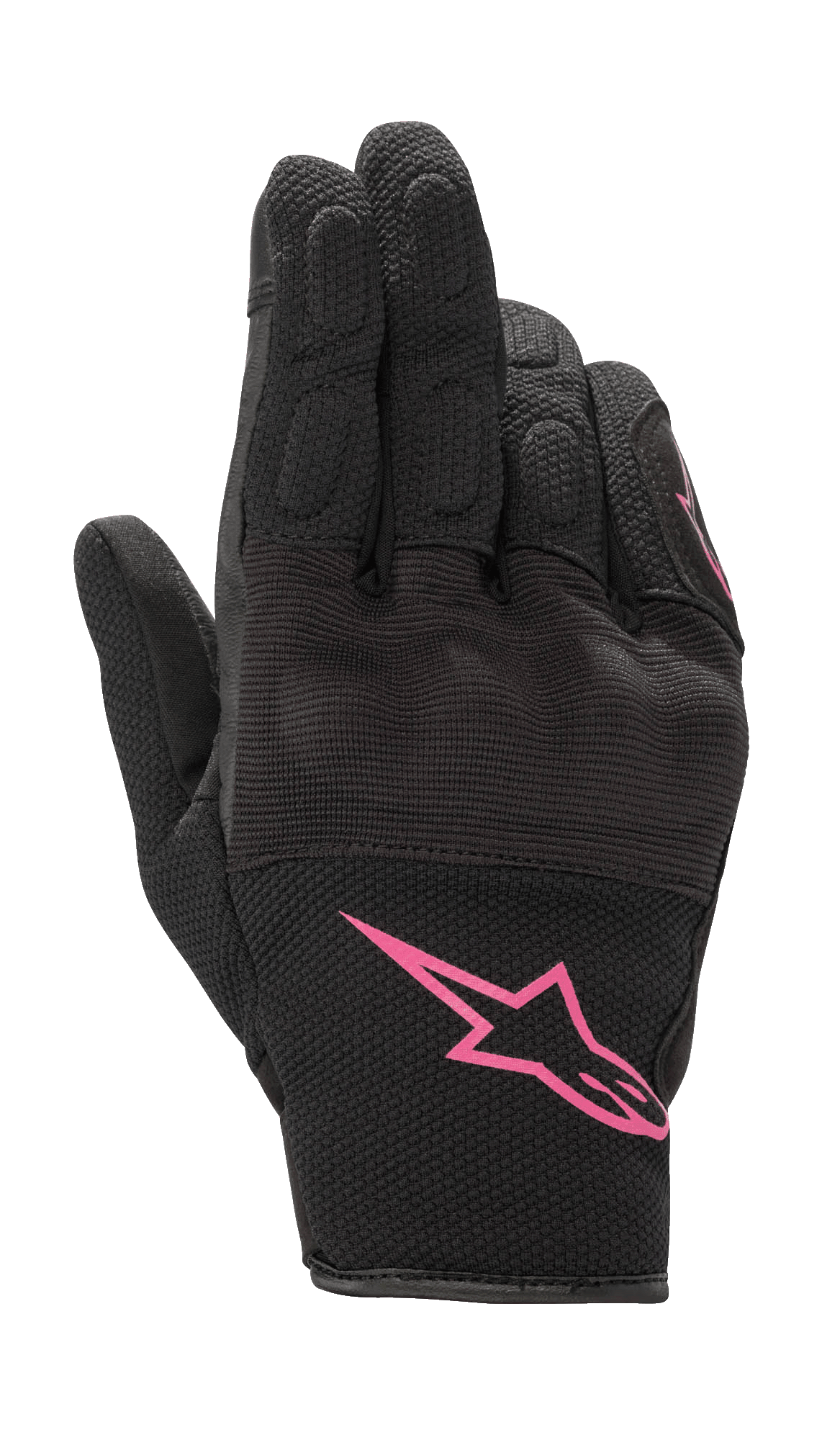 Gants femme Alpinestars Stella S-Max, gants de moto, noir et fuchsia, avec logo Alpinestars rose sur la manchette, design à manchette courte avec maille texturée et protection intégrée des articulations