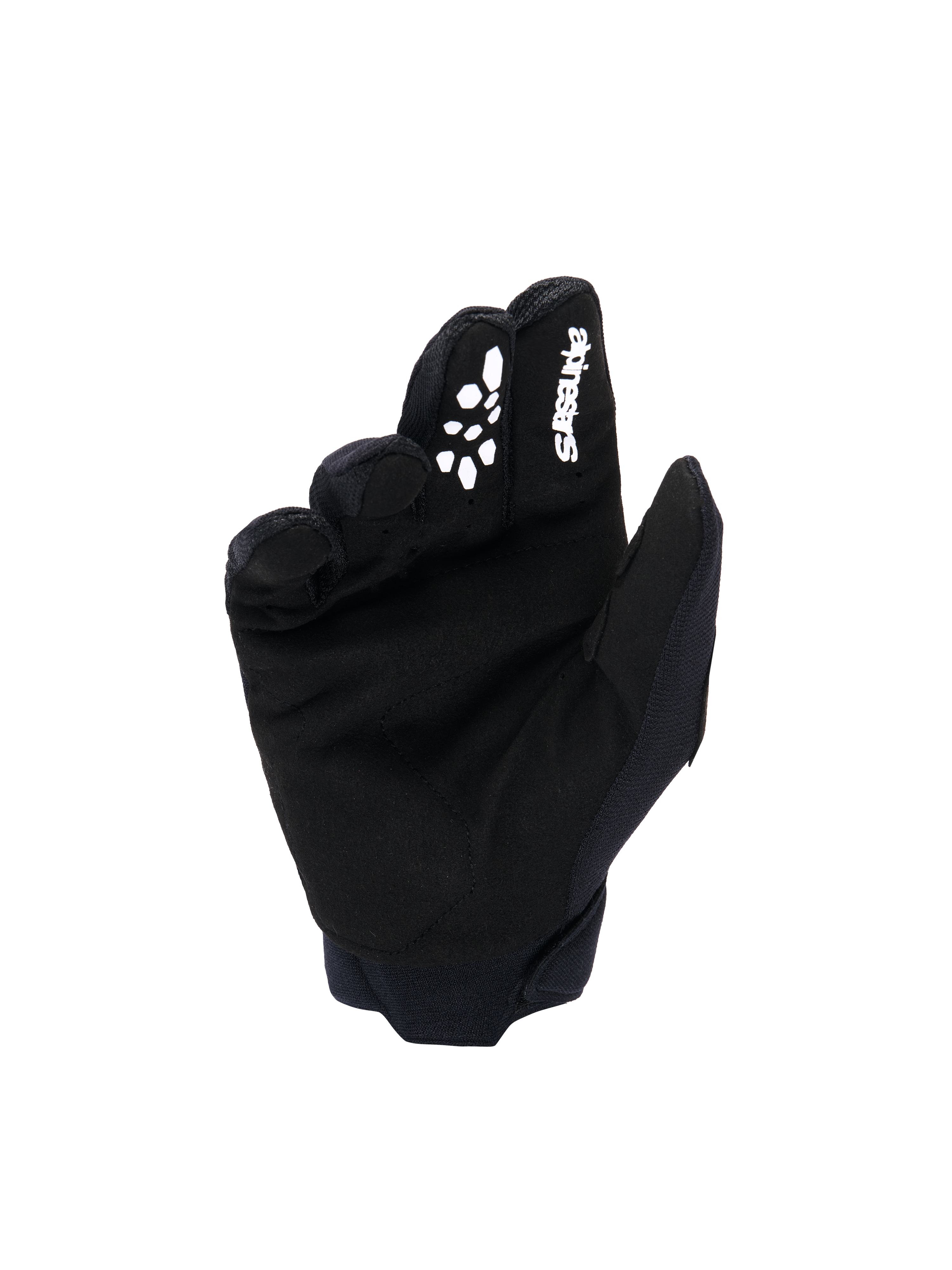 Gants Alpinestars Full Bore V2 Junior et Enfant, gants de motocross, noir et blanc, vue de la paume montrant le matériau en suède synthétique, logo Alpinestars blanc et grip imprimé en silicone sur l'index, équipement de course tout-terrain durable
