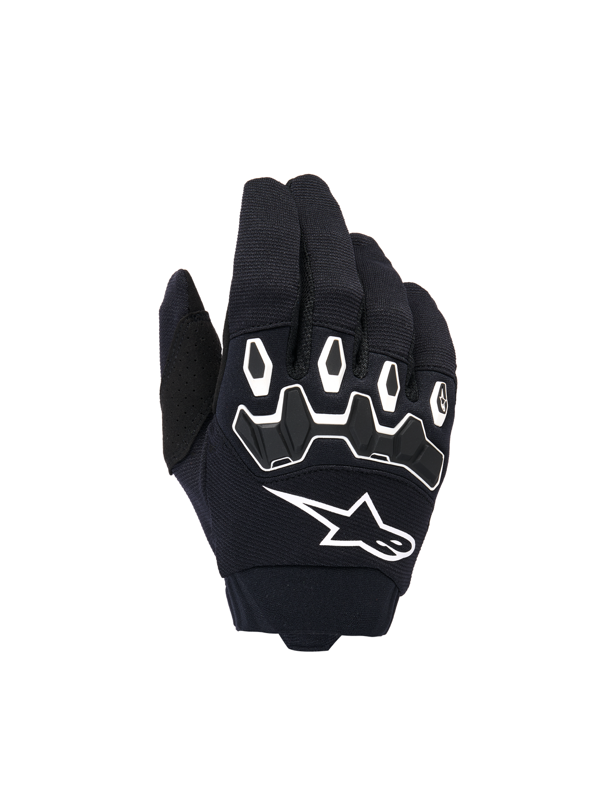 Alpinestars Youth & Kids Full Bore V2 handschoenen, motorcross handschoenen, zwart en wit, met ergonomische TPR-knokkelbescherming met witte contouren, groot wit Alpinestars-logo, ademende textielconstructie voor off-road racen
