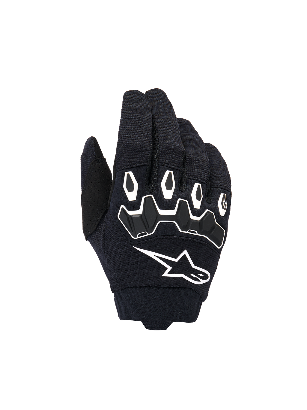 Gants Alpinestars Youth & Kids Full Bore V2, gants de motocross, noir et blanc, dotés de protections d'articulations ergonomiques en TPR aux contours blancs, grand logo Alpinestars blanc, construction textile respirante pour le tout-terrain
