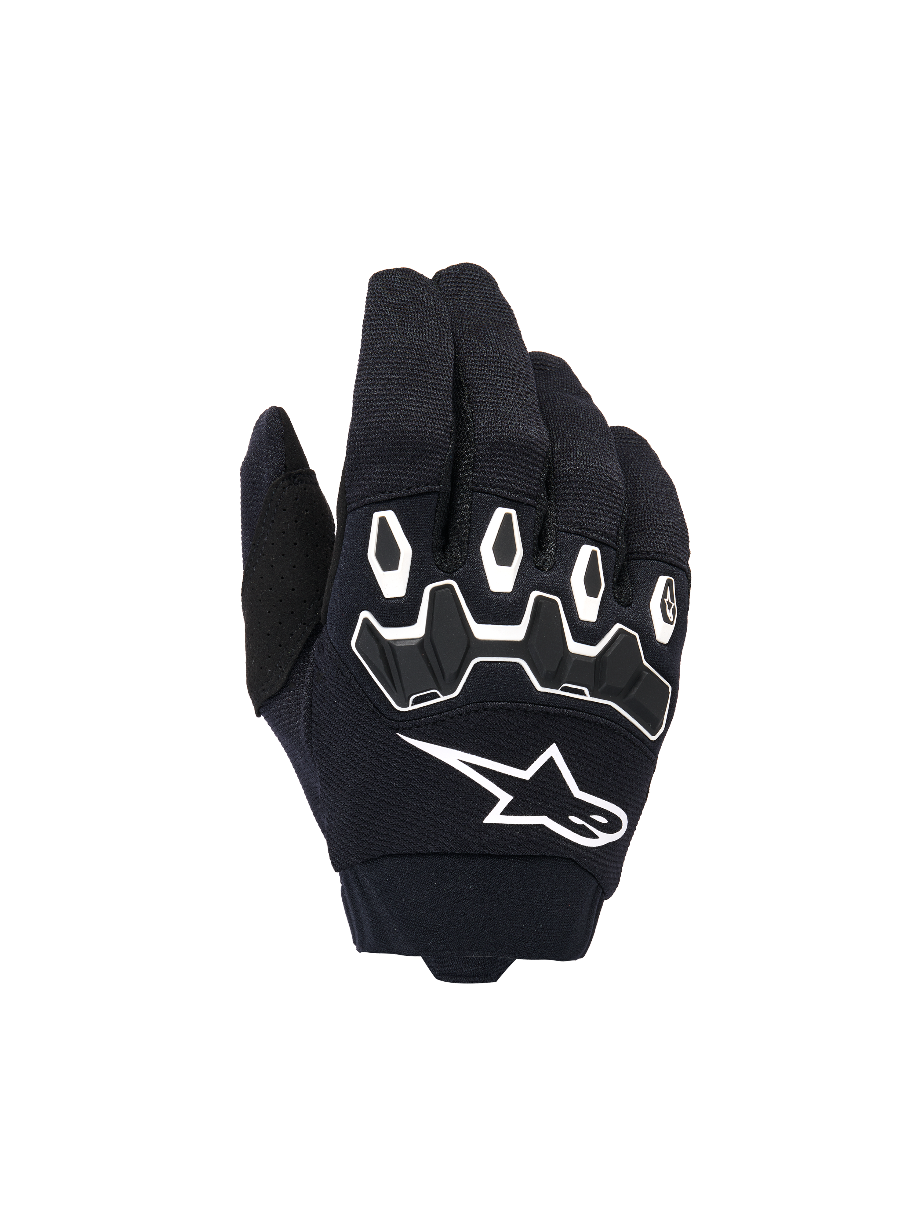Gants Alpinestars Youth & Kids Full Bore V2, gants de motocross, noir et blanc, dotés de protections d'articulations ergonomiques en TPR aux contours blancs, grand logo Alpinestars blanc, construction textile respirante pour le tout-terrain