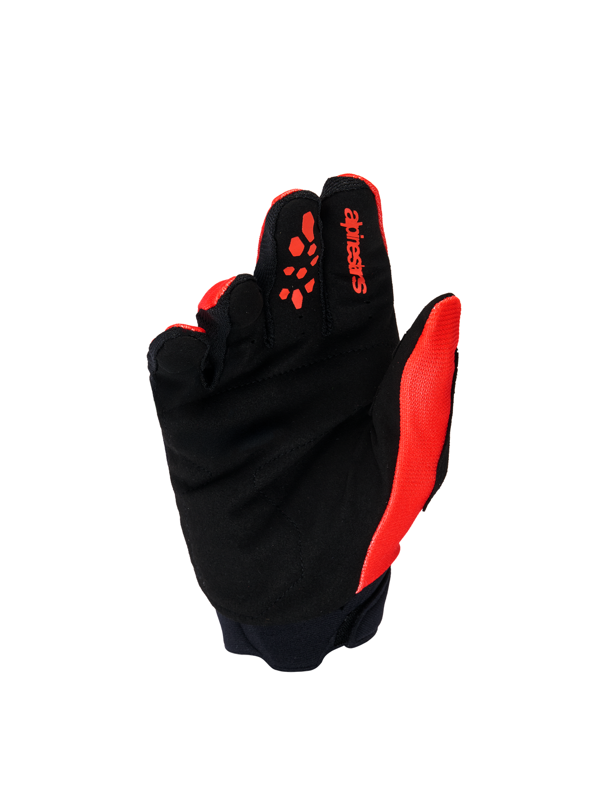 Gants Alpinestars Full Bore V2 Junior et Enfant, gants de motocross, rouge vif et noir, vue de la paume montrant du suède synthétique noir renforcé et des motifs d'adhérence en silicone rouge sur les doigts, équipement tout-terrain durable pour jeunes pilotes.
