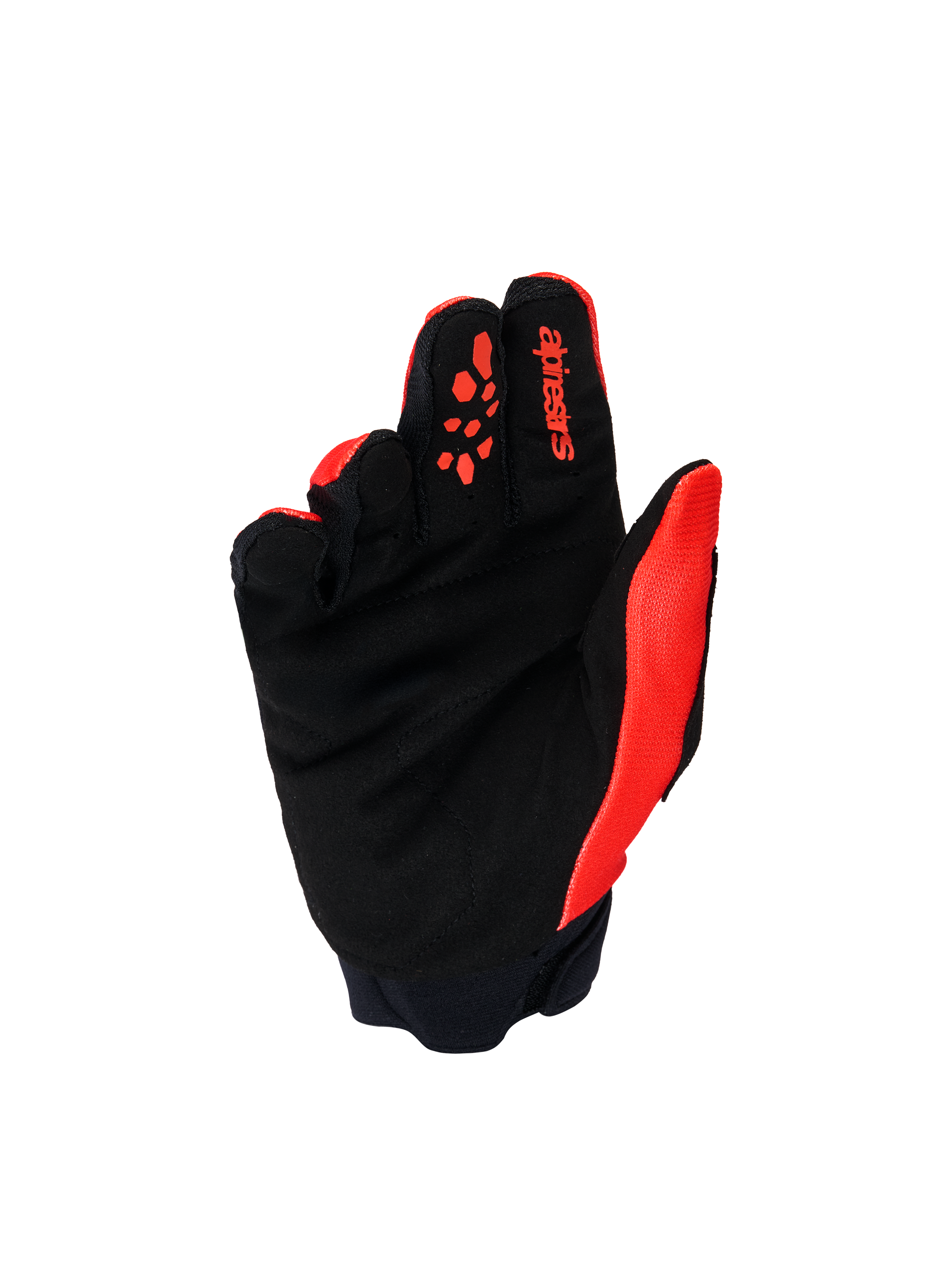 Gants Alpinestars Full Bore V2 Junior et Enfant, gants de motocross, rouge vif et noir, vue de la paume montrant du suède synthétique noir renforcé et des motifs d'adhérence en silicone rouge sur les doigts, équipement tout-terrain durable pour jeunes pilotes.