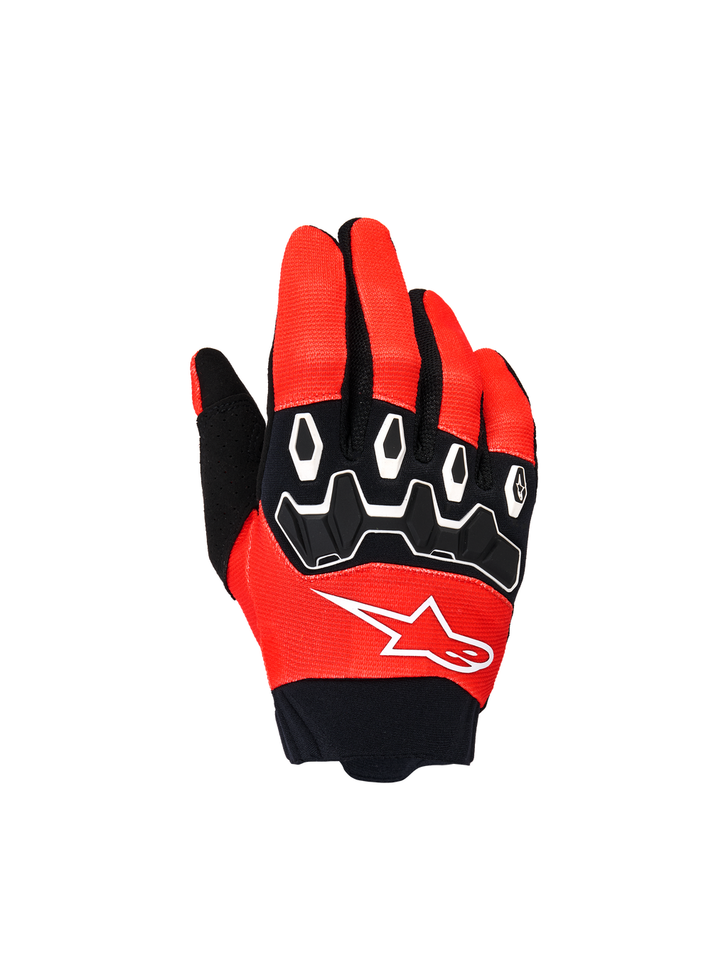 Alpinestars Youth & Kids Full Bore V2, gants de motocross, rouge vif et noir, vue de dessus avec protections d'articulations en TPR noir, accents blancs et logo Astar blanc, conception textile durable pour le pilotage tout-terrain